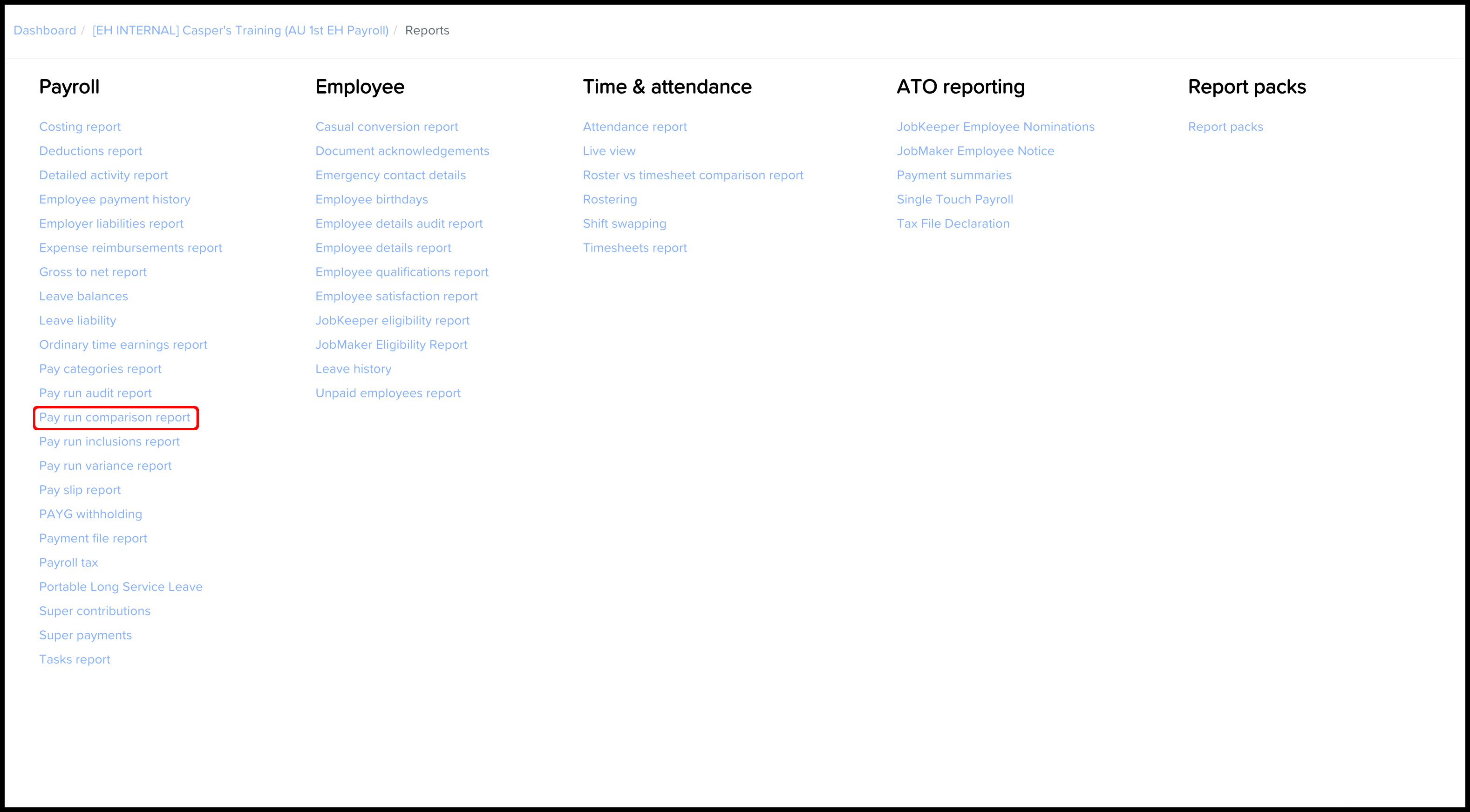 screengrab highlighting 'Pay run comparison report' button.