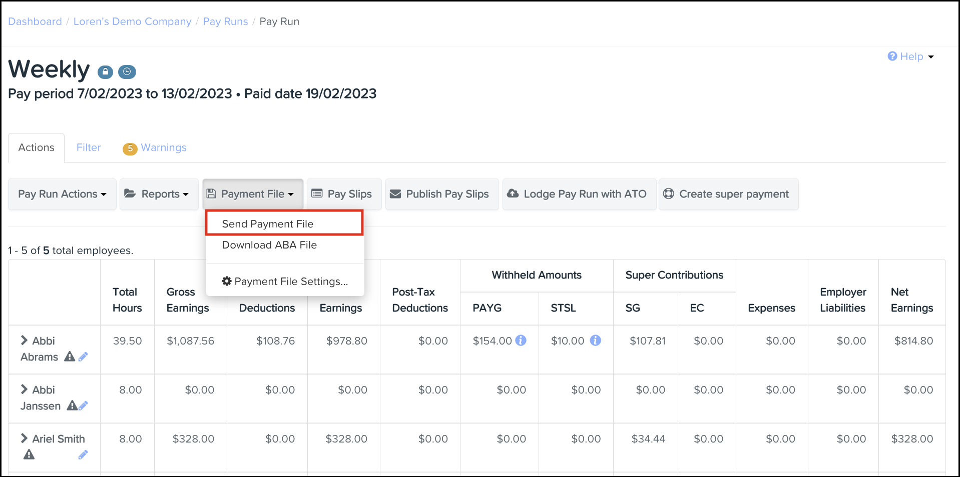 click on send payment file in the finalised pay run.png