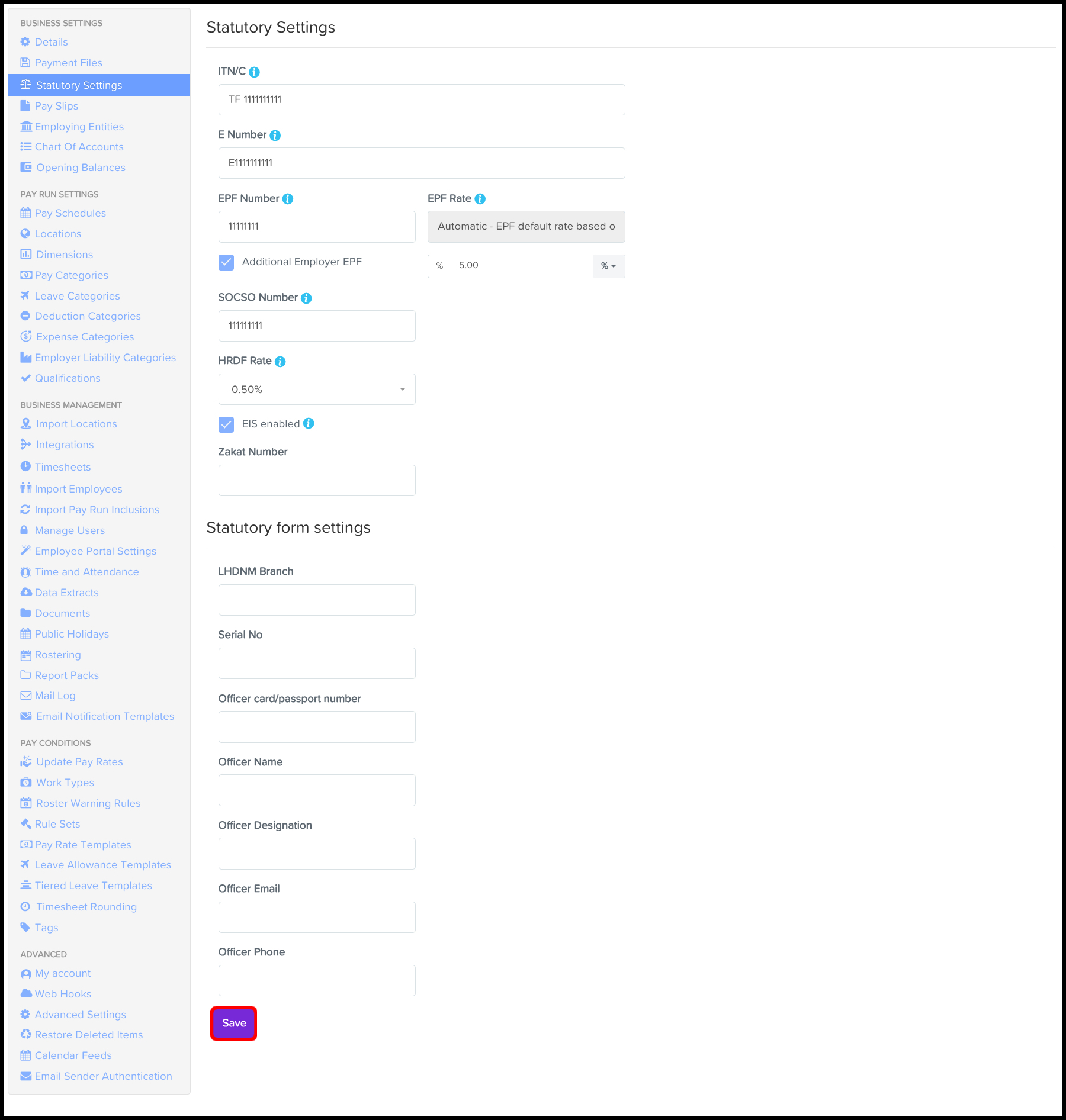 screenshot showing Statutory Settings page and highlighting Save button