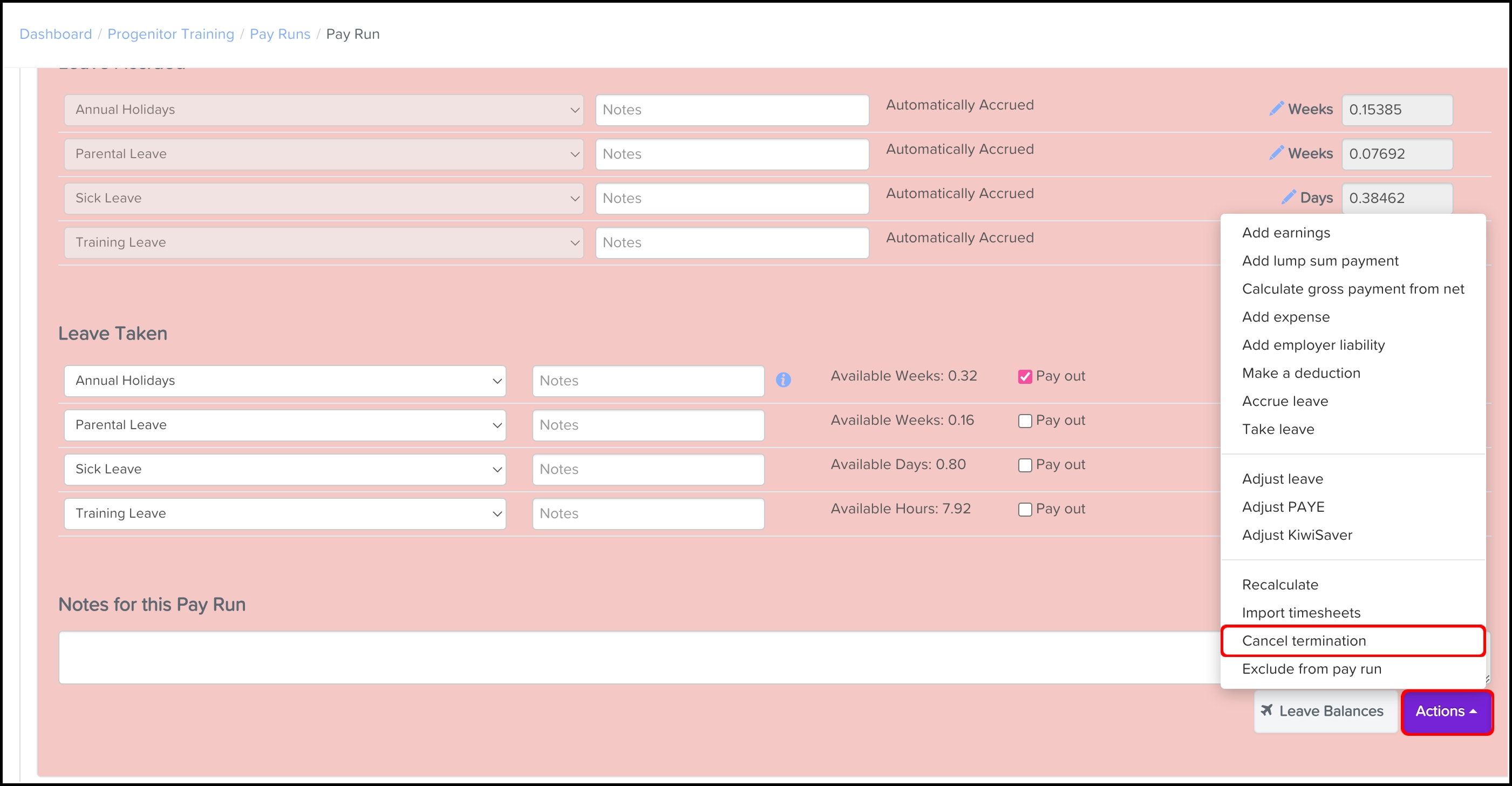 screenshot of the pay run, highlighting the actions and cancel termination buttons for an employee.jpg
