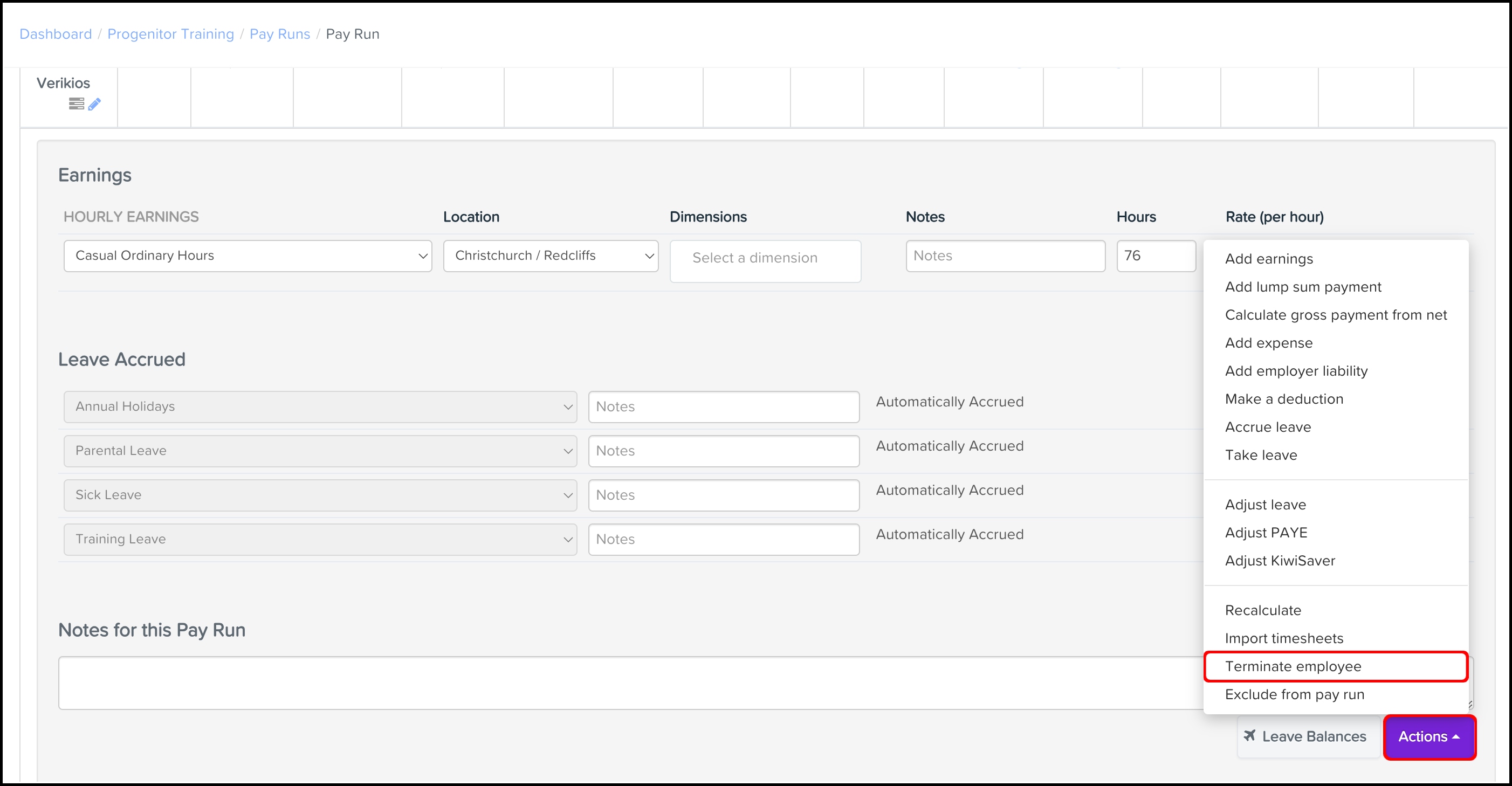 screenshot of the pay run screen, highlighting the actions and terminate employee buttons for an employee.jpg