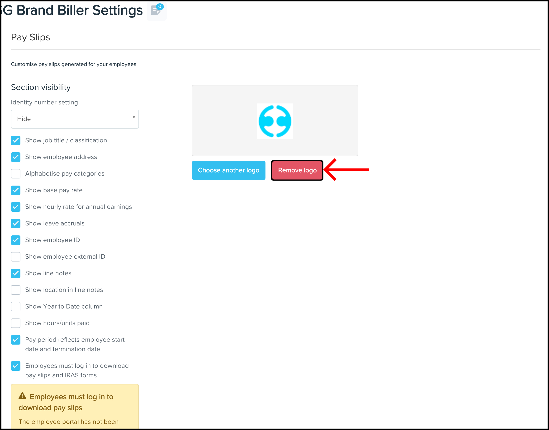 screenshot of Pay Slips window, highlighting Remove Logo button