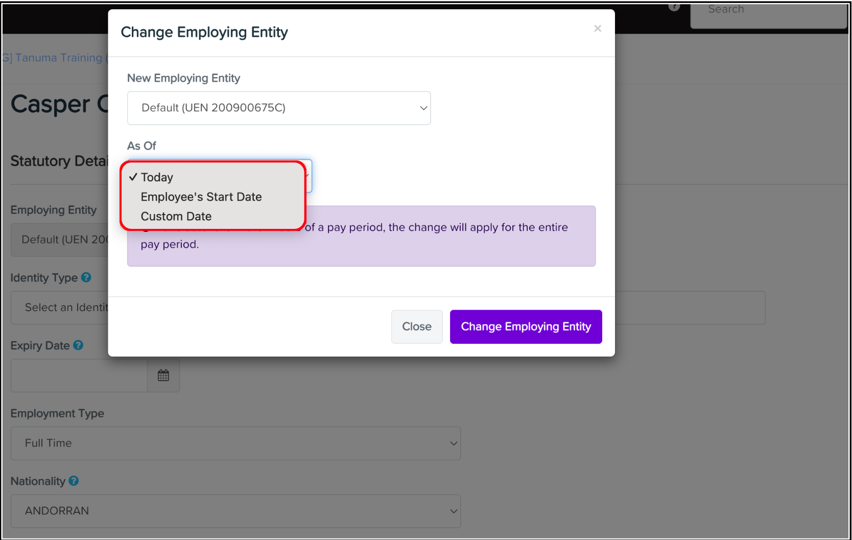 screenshot of Change Employing Entity window, highlighting date dropdown