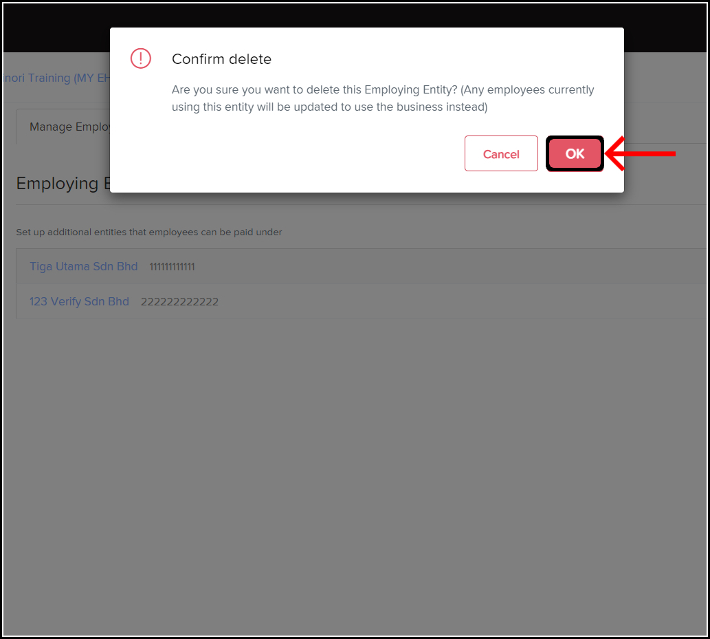 screenshot of Confirm delete window, highlighting OK button