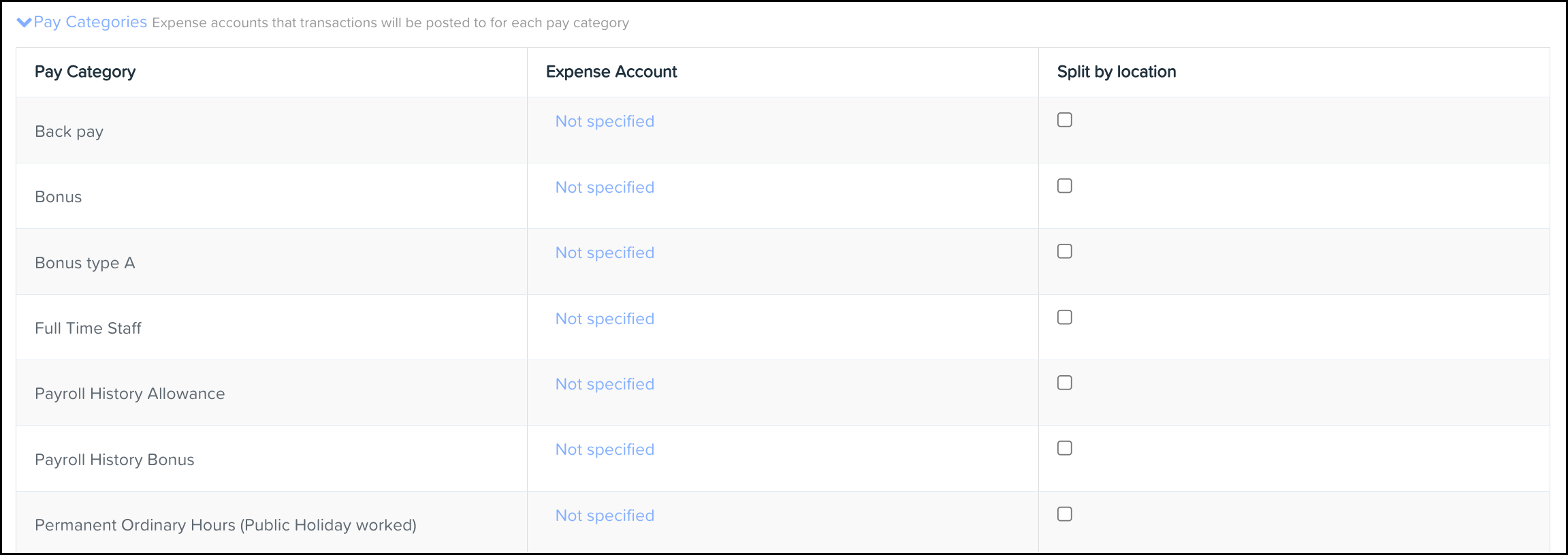 screenshot of Pay Categories panel