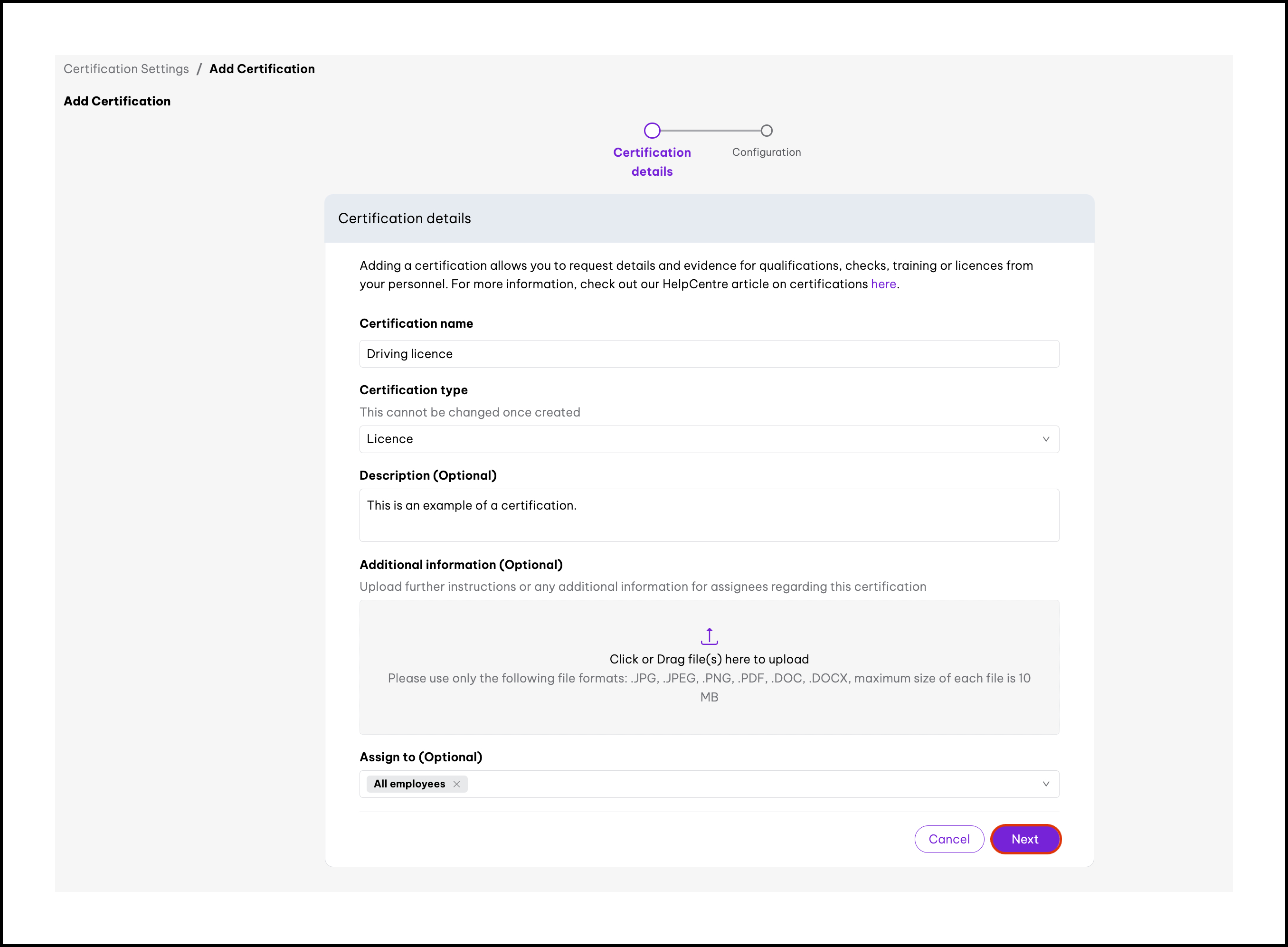 screenshot of Certification details form, highlighting Next button.jpg