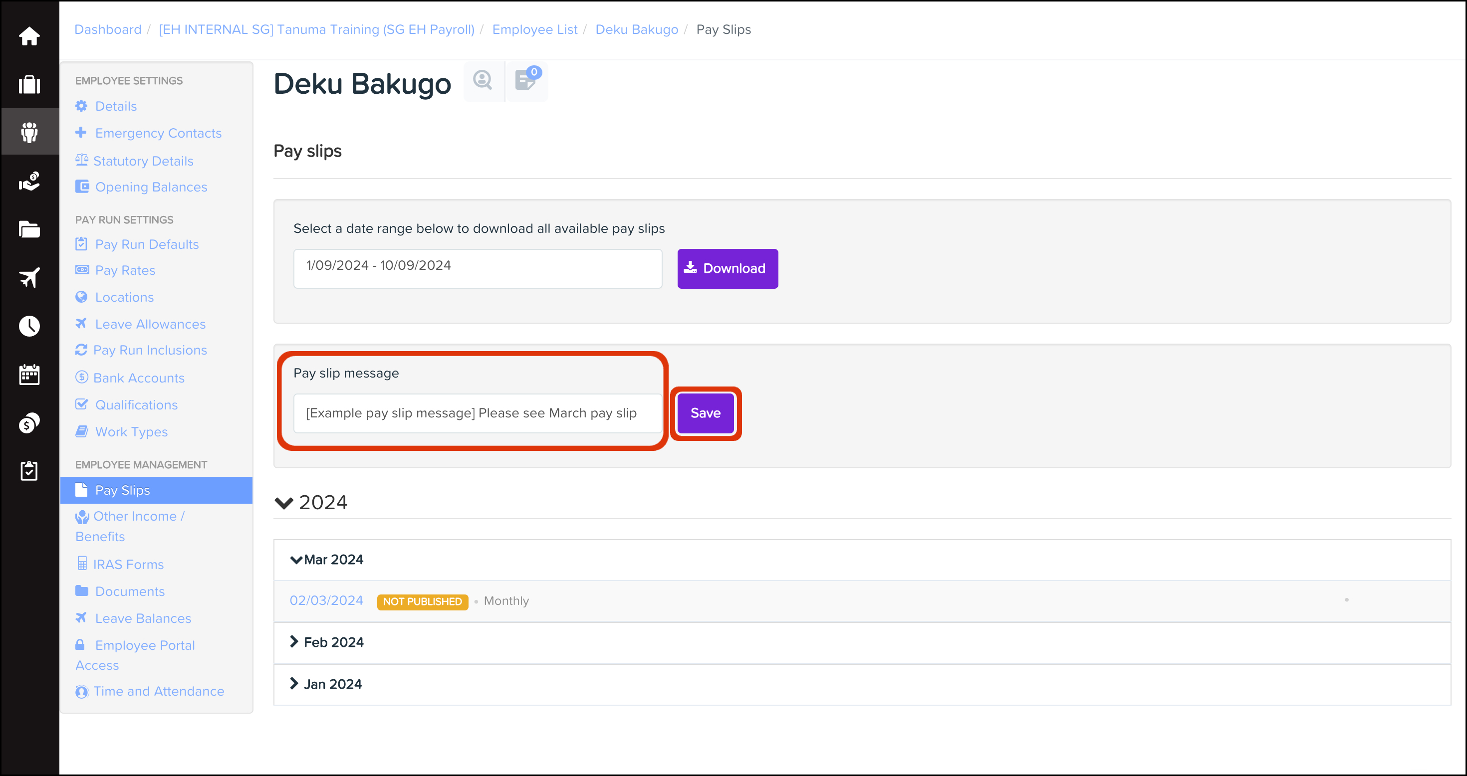 screenshot of Pay Slips page, highlighting Pay slip message box and Save button.jpeg