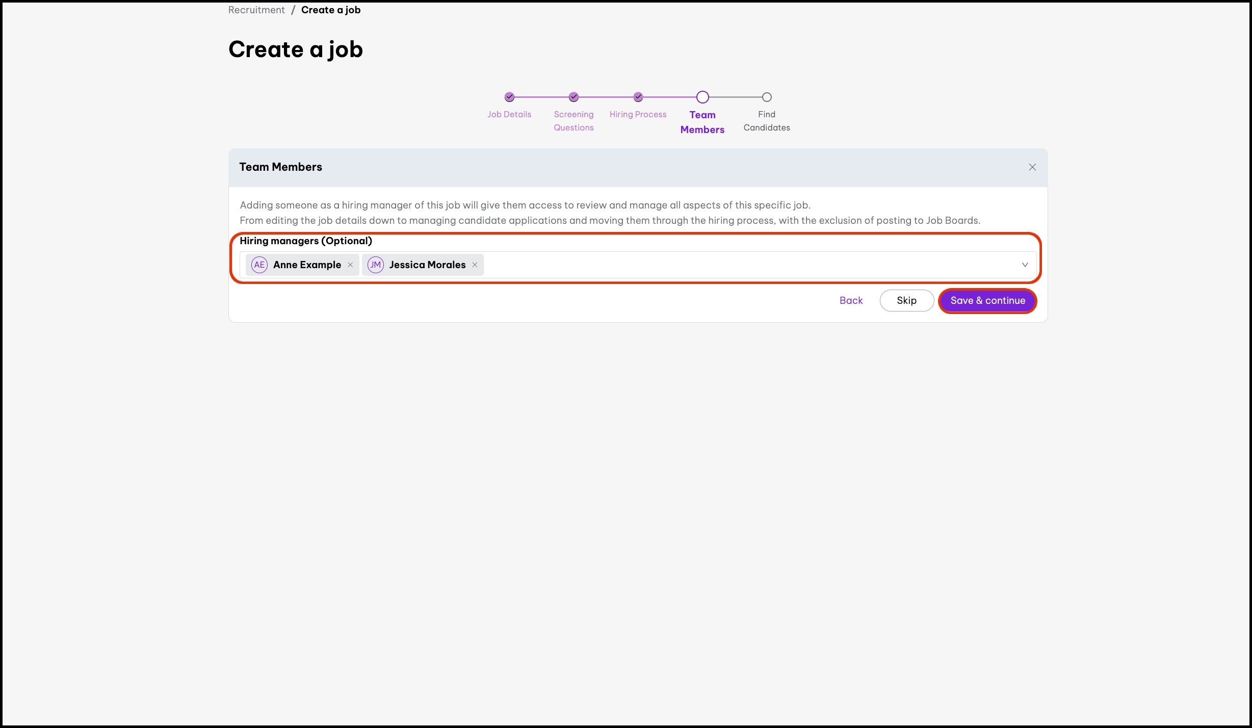 screenshot of Create a job page's Team Members section, highlighting 'Hiring managers (Optional)' field and 'Save & continue' button.jpg