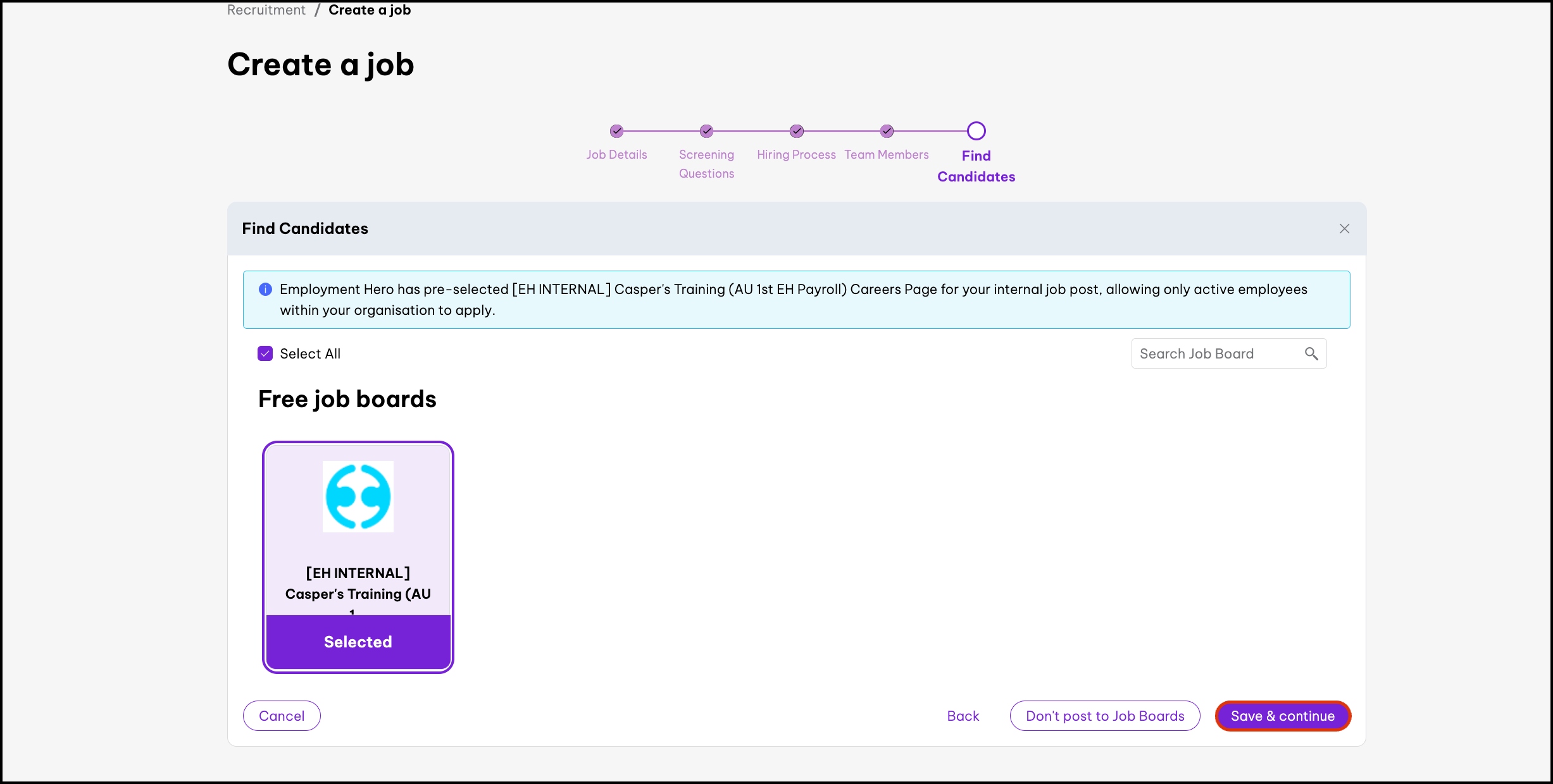 screenshot of 'Create a job' page's Find Candidates section, highlighting free job board and 'Save & continue' button.jpg
