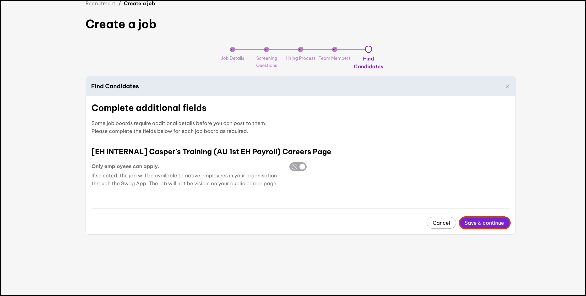 screenshot of 'Create a job' page's Find Candidates section, highlighting 'Save & continue' button.jpg