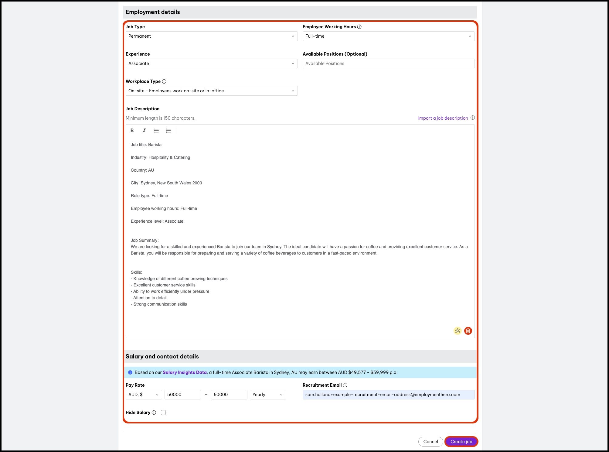screenshot of 'Create a job' page, highlighting 'Employment details' and 'Salary and contact details' form entries and 'Create job' button.jpg