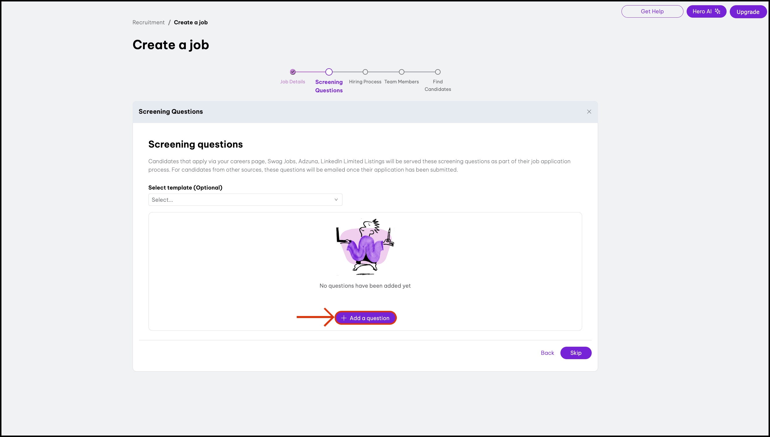 screenshot of Screening Questions section of 'Create a job' page, highlighting 'Add a question' button.jpg