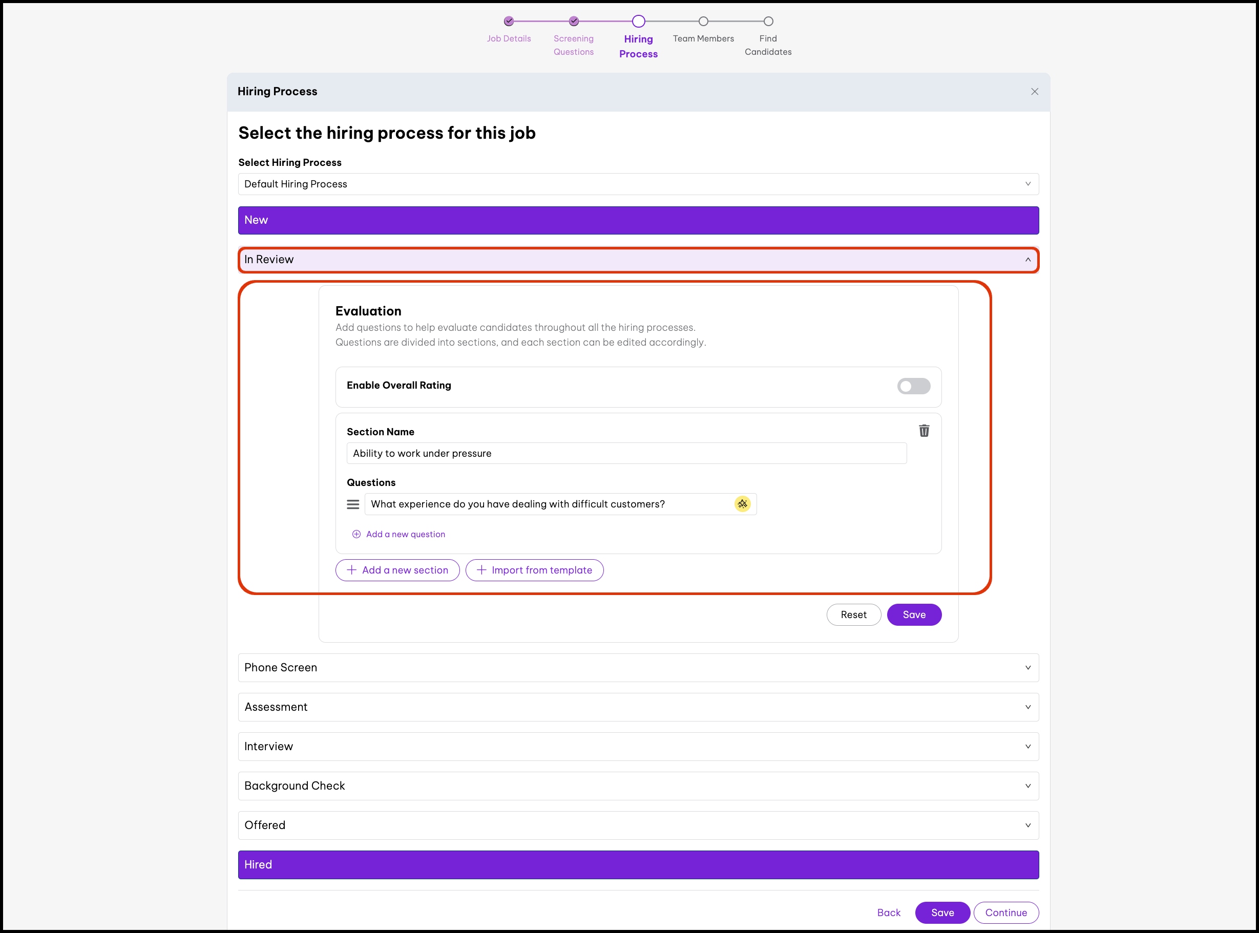 screenshot of 'Create a job' page's Hiring Process section, highlighting In Review hiring process dropdown button and its Evaluation form fields.jpg