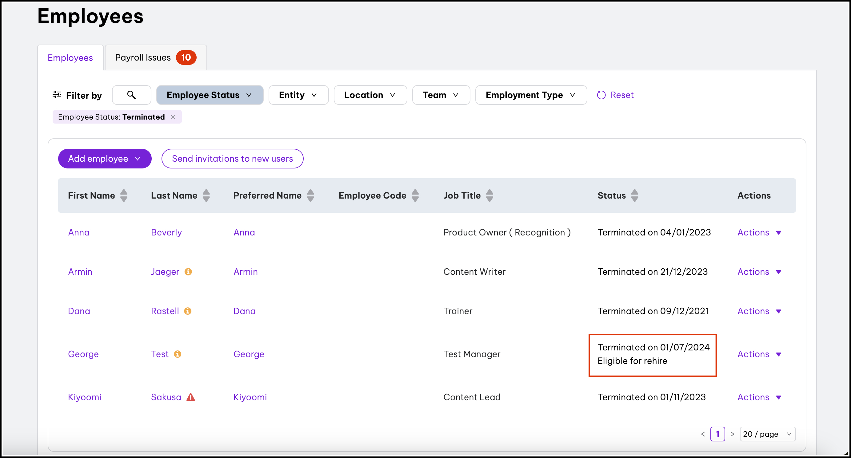 Status of eligible for rehire