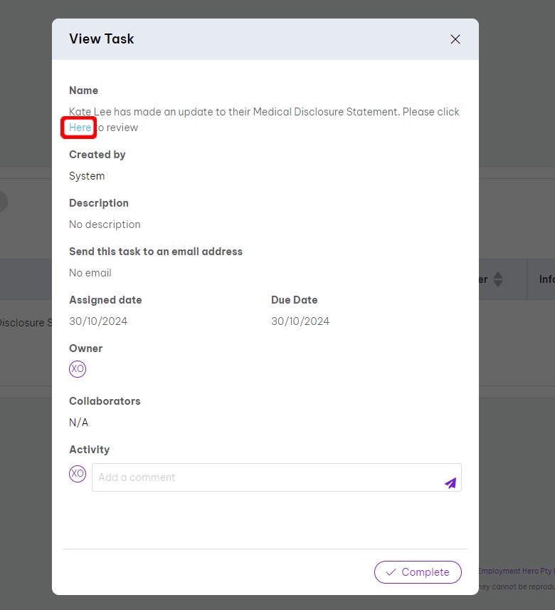 Screenshot of view task screen, highlighting here button