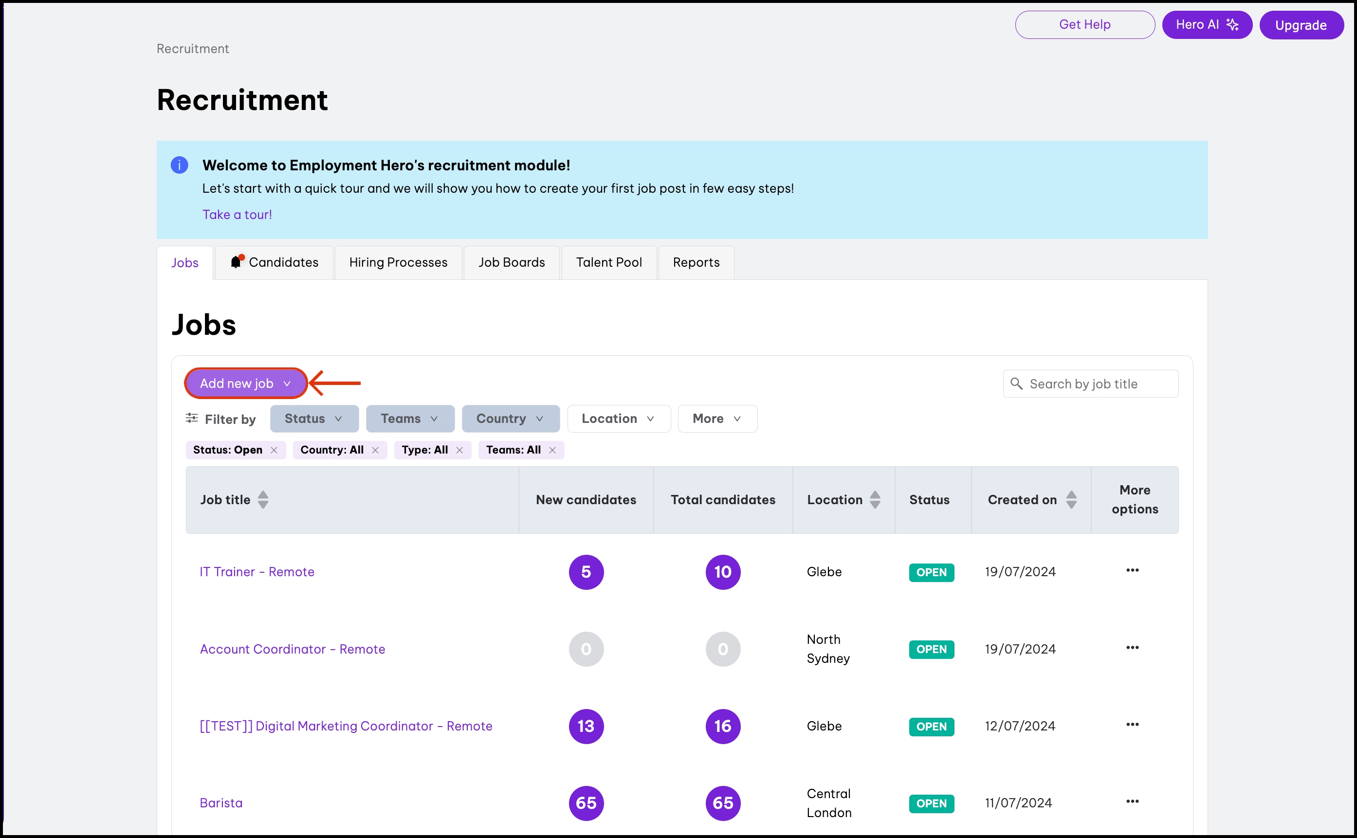 screenshot of Recruitment page, highlighting Add new job button.jpg