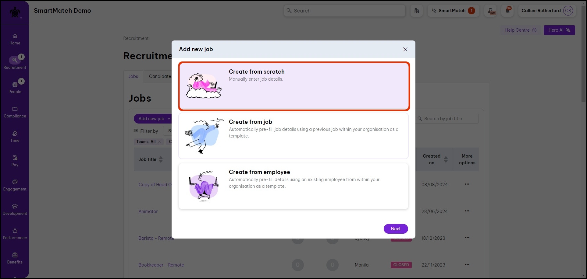 screenshot of Recruitment page's Add new job window, highlighting Create from scratch button .jpg