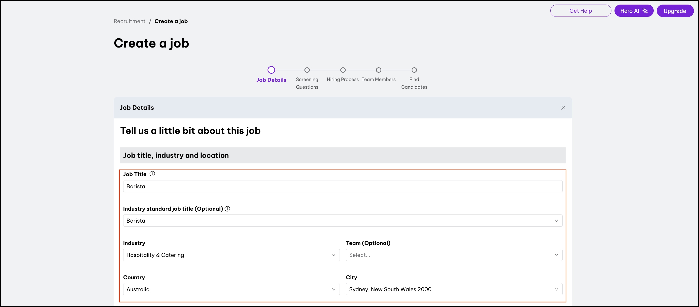 screenshot of 'Create a job page', highlighting 'Job title, industry and location' form section.jpg