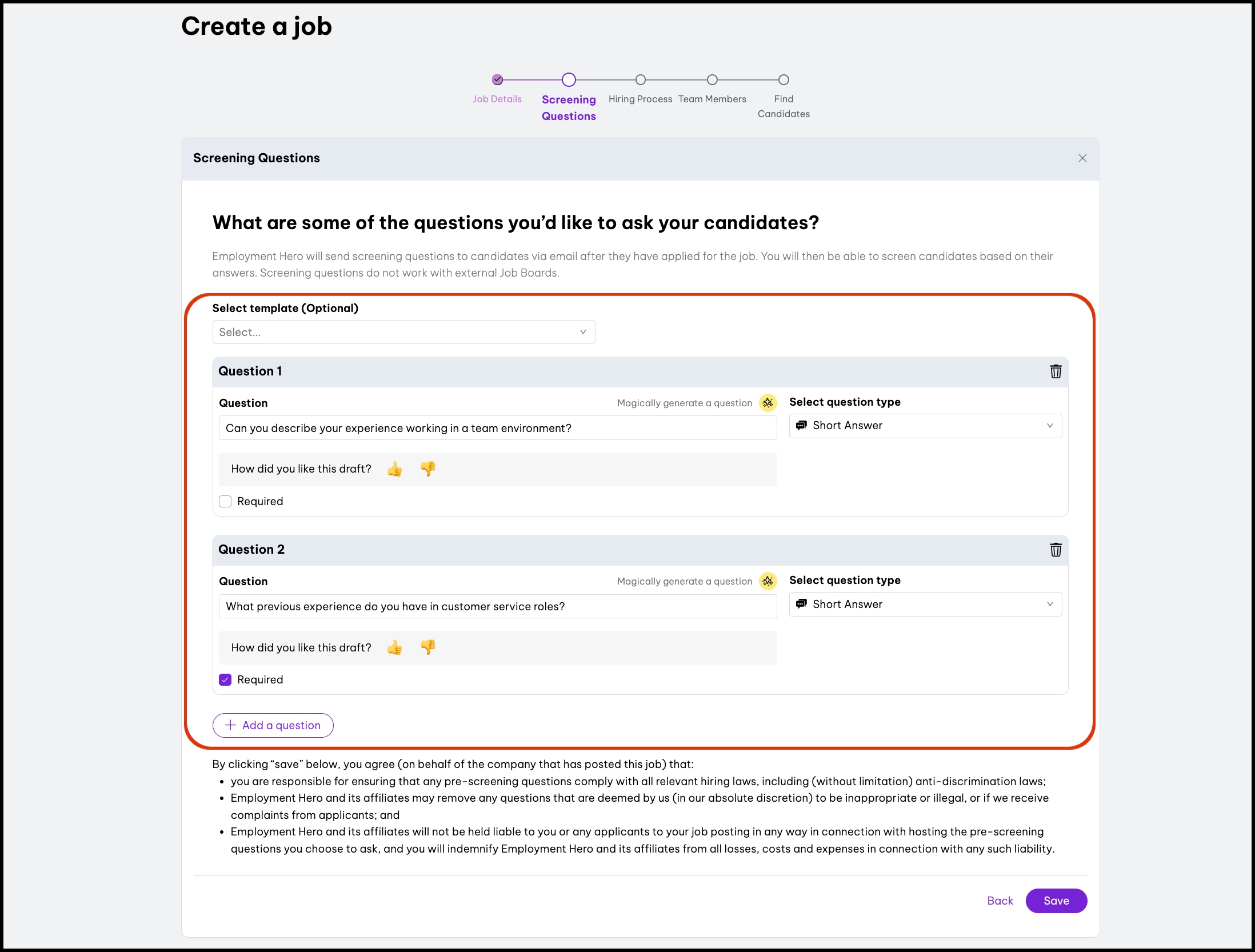 screenshot of 'Create a job' page, highlighting Screening Questions form fields.jpg