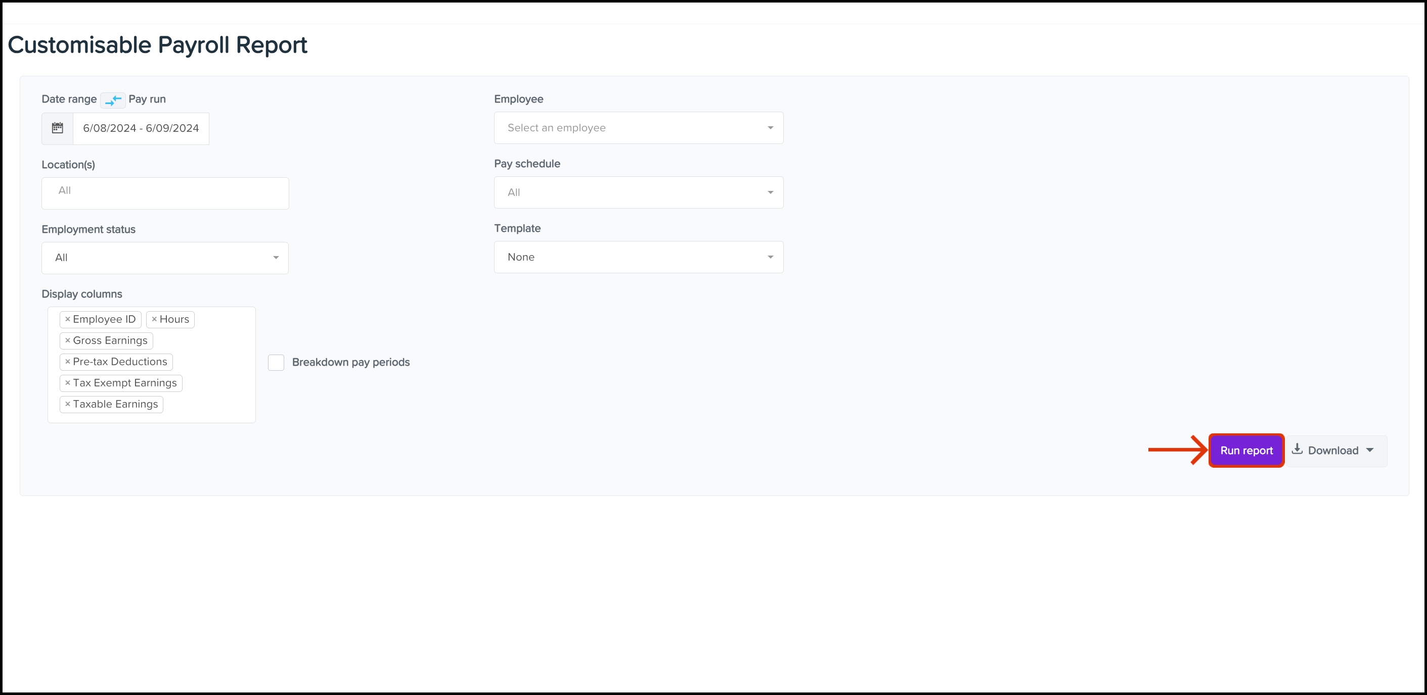 screenshot of Customisable Payroll Report page, highlighting Run report button.jpg