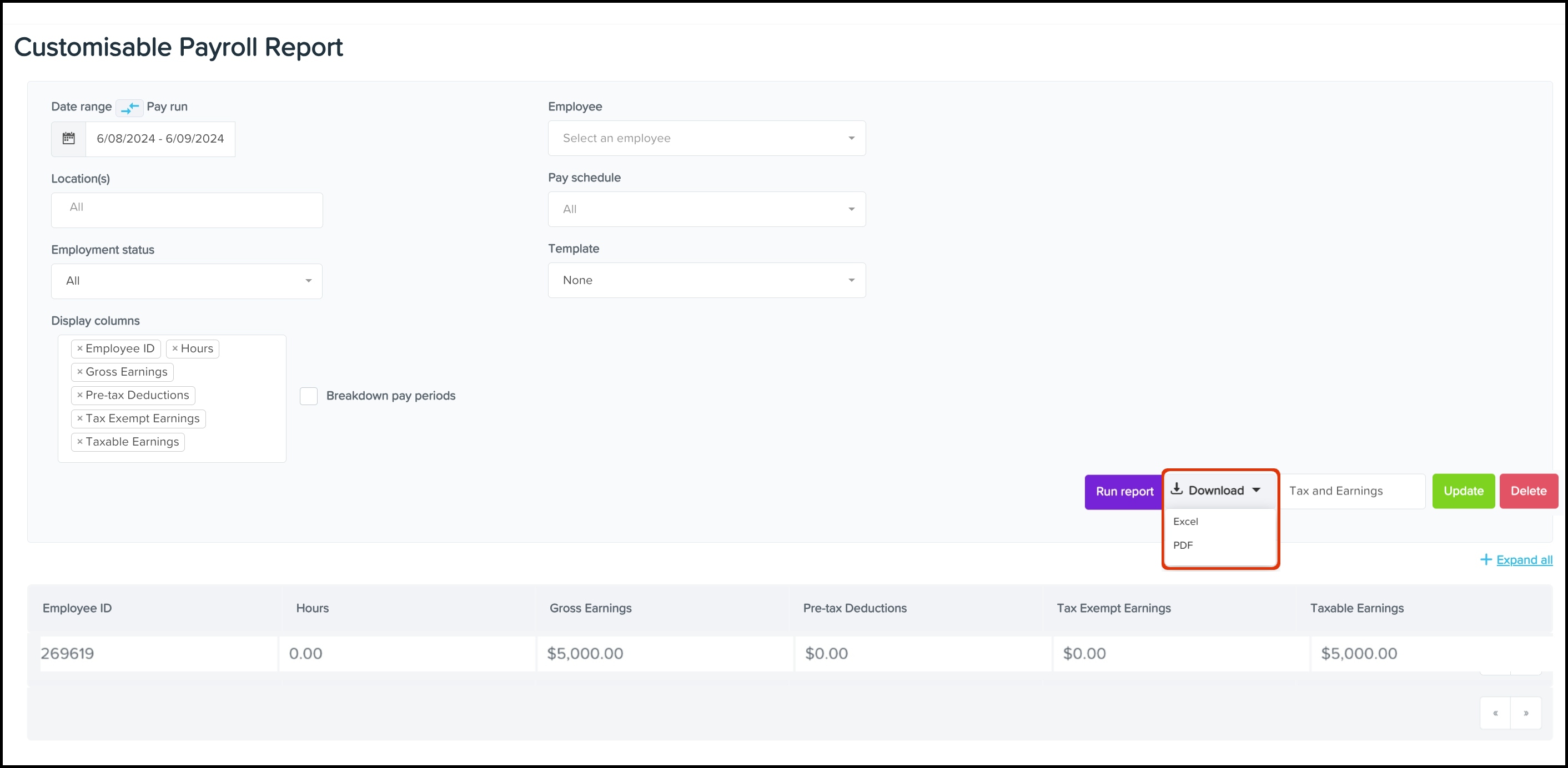 screenshot of Customisable Payroll Report, highlighting Download drop-down button and its Excel and PDF options.jpg