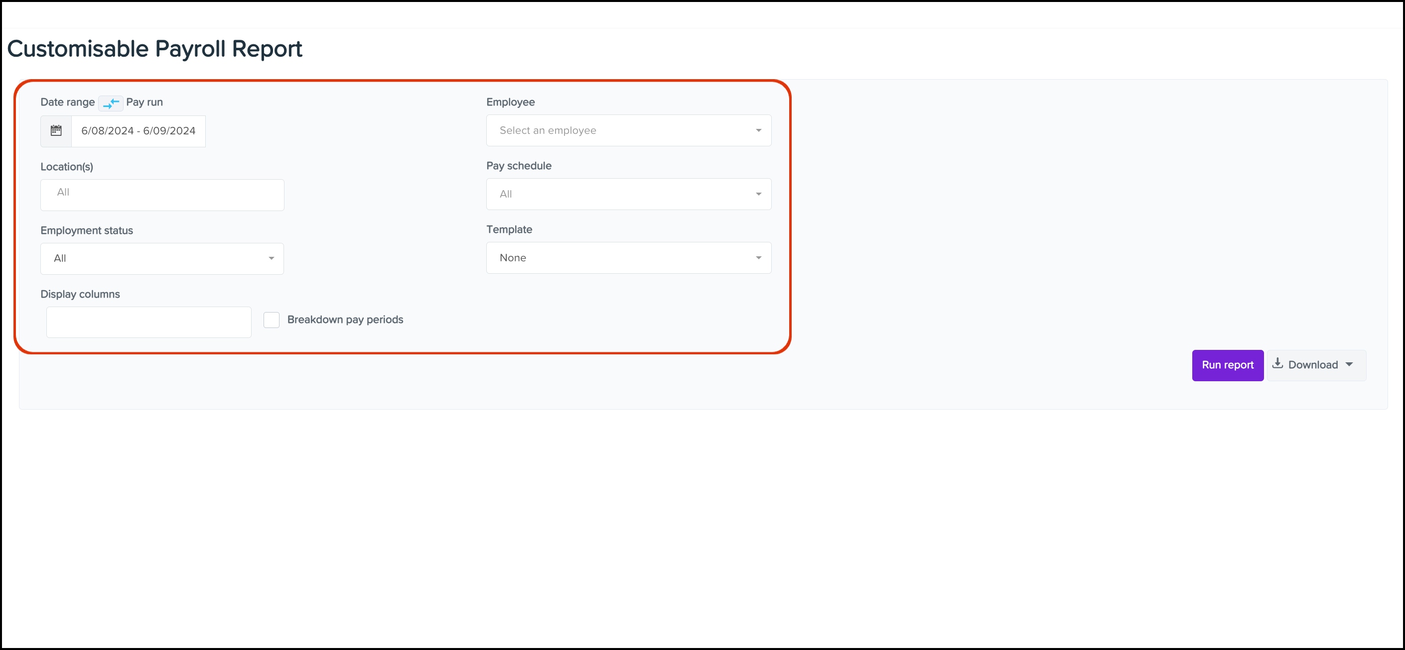 screenshot of Customisable Payroll report page, highlighting report form fields.jpg