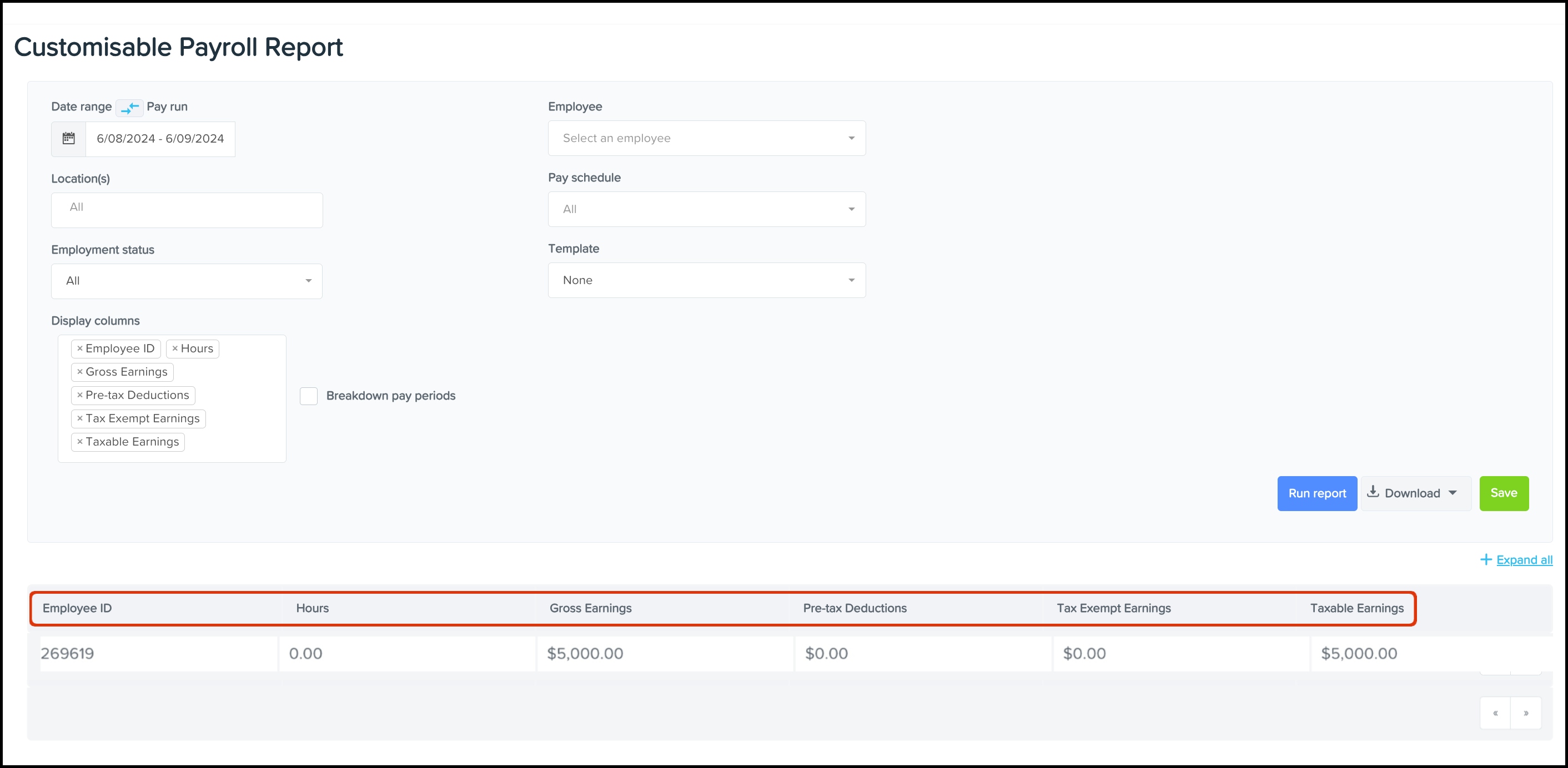 screenshot of Customisable Payroll Report page, highlighting movable column headings of customisable report.jpg