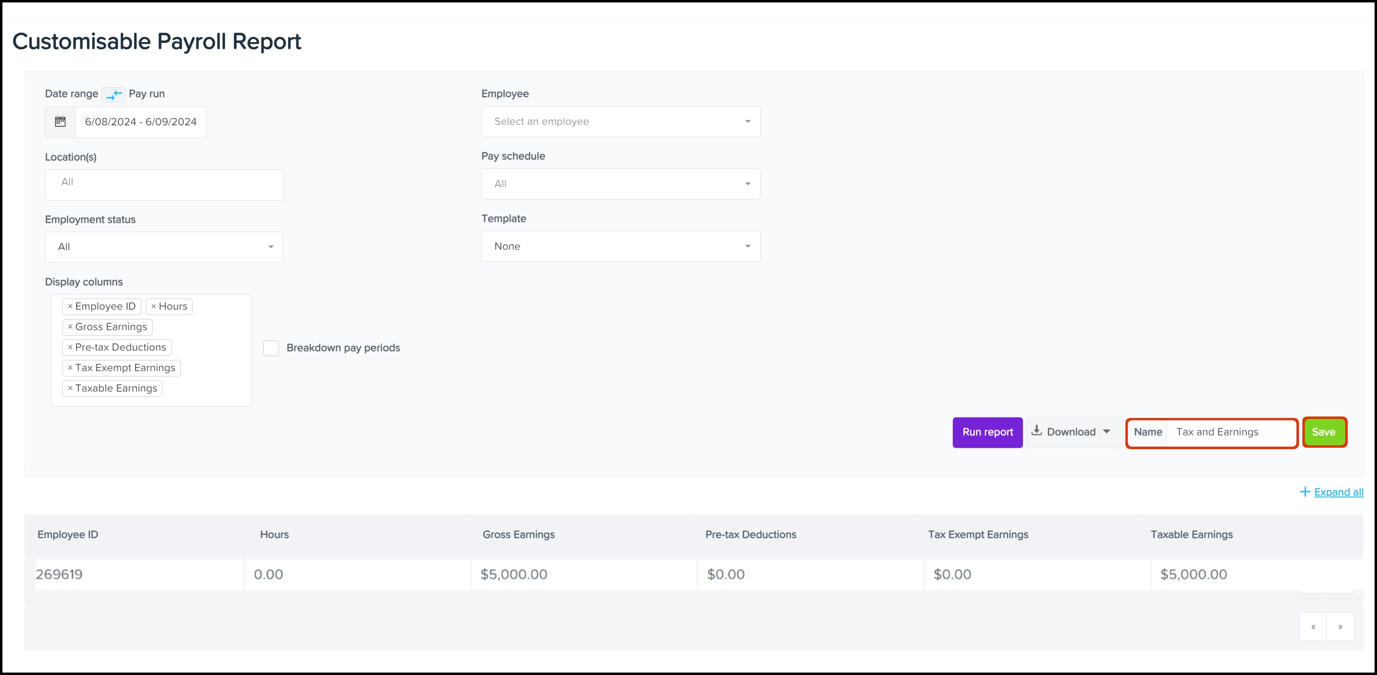 screenshot of Customisable Payroll Report page, highlighting Name field and Save button.jpg