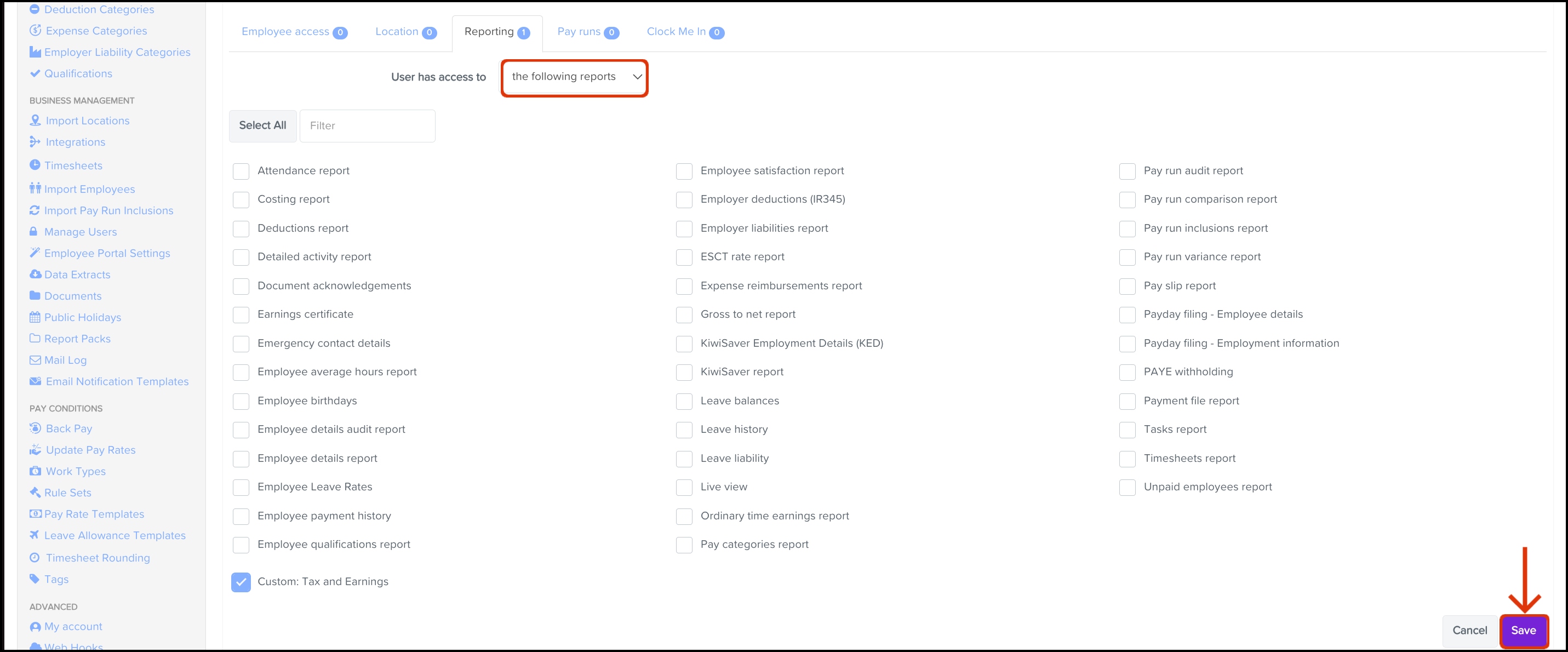 screenshot of Grant : edit user access page, highlighting 'the following reports' option and Save button.jpg