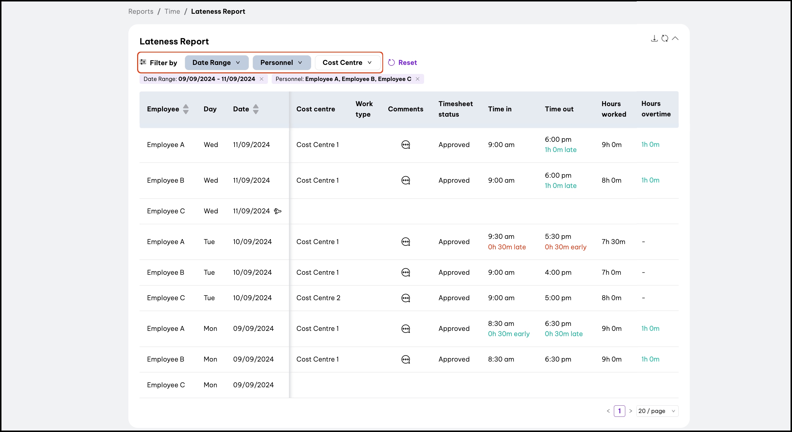 screenshot of Lateness Report page, highlighting 'Filter by' options of Date Range, Personnel, and Cost Centre.jpg