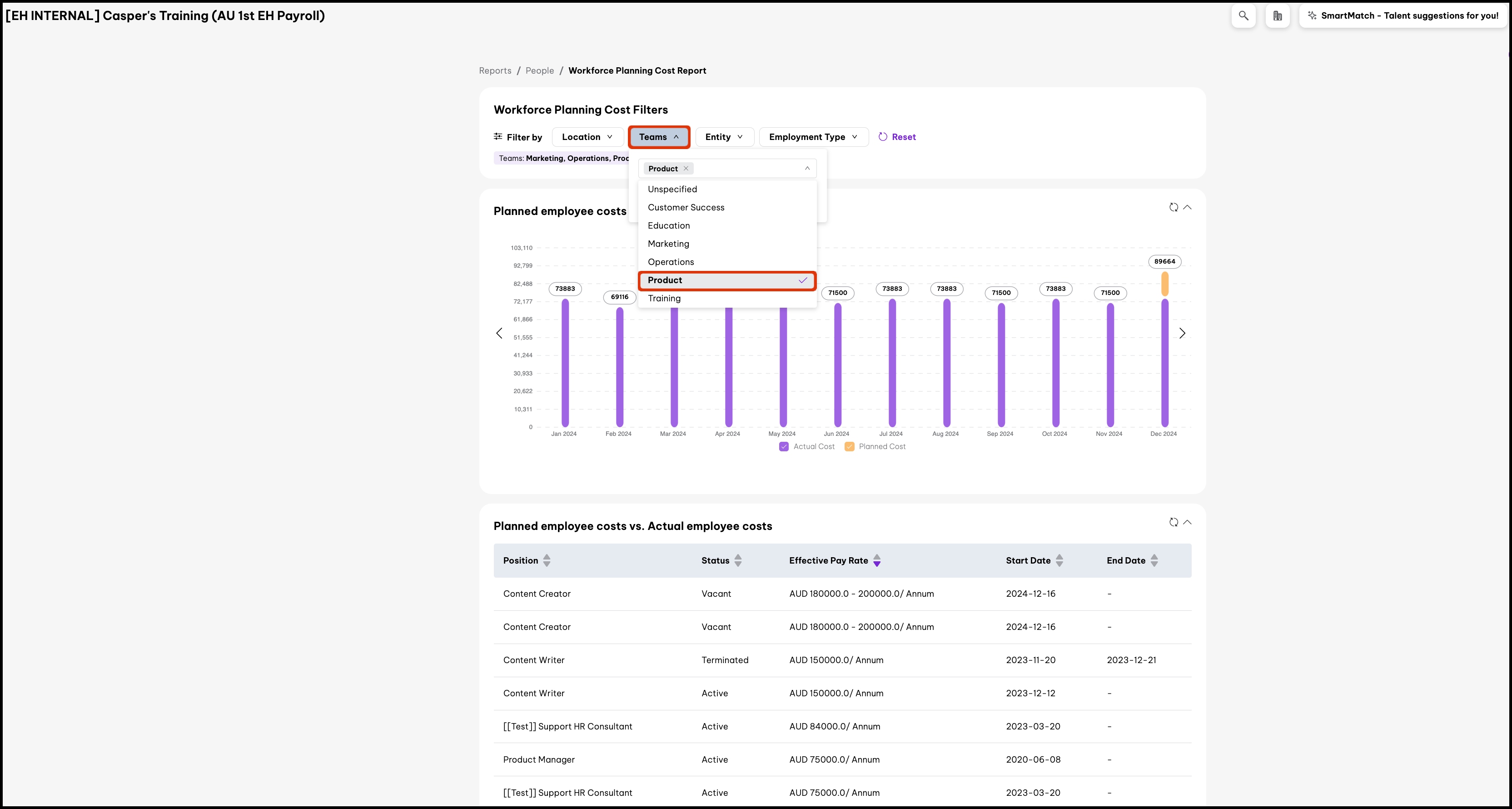screenshot of Workforce Planning Cost Report page, highlighting entry in dropdown menu of Teams filter.jpg