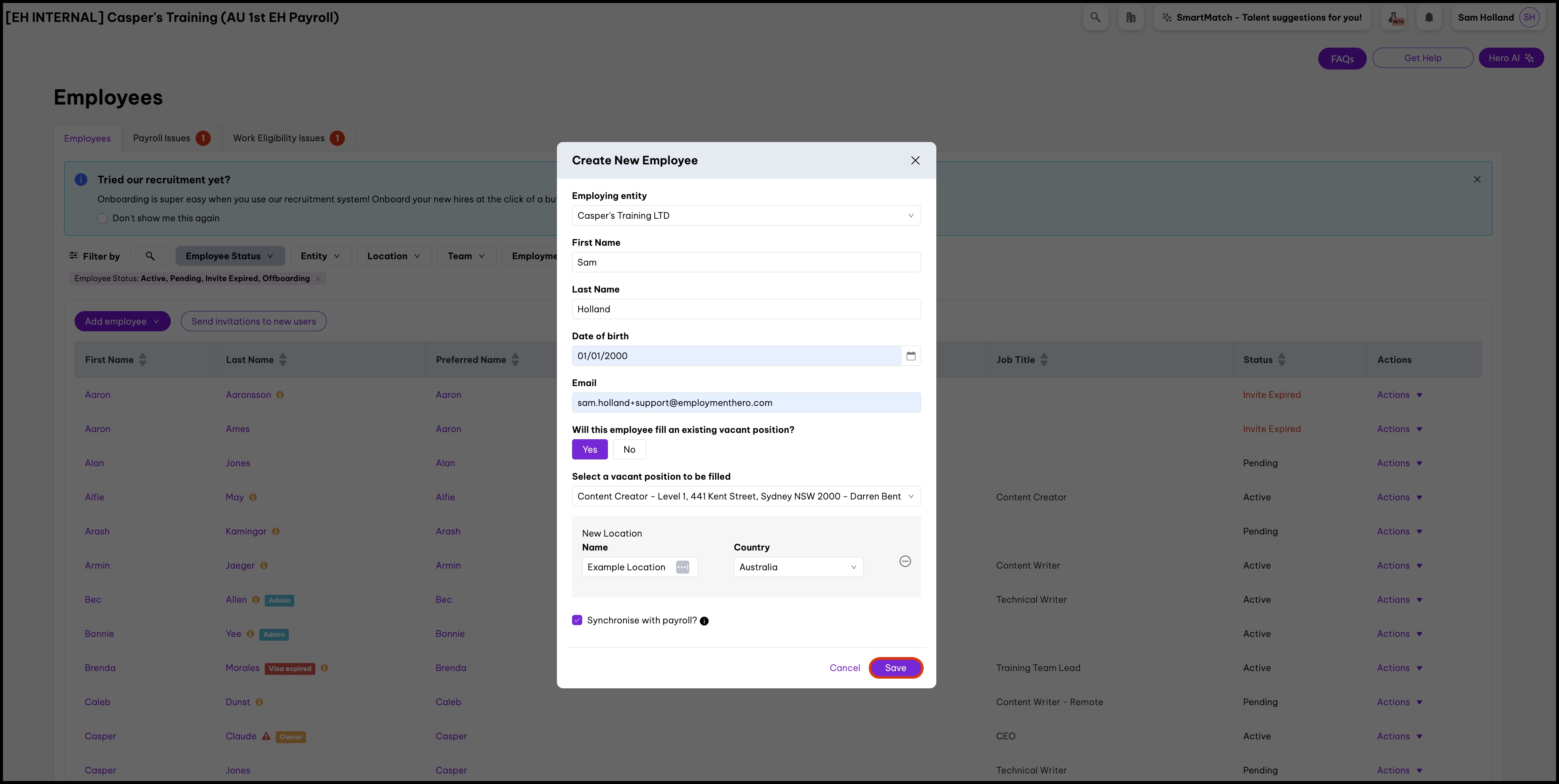 screenshot of Employees page's Create New Employee window, highlighting Save button.jpg