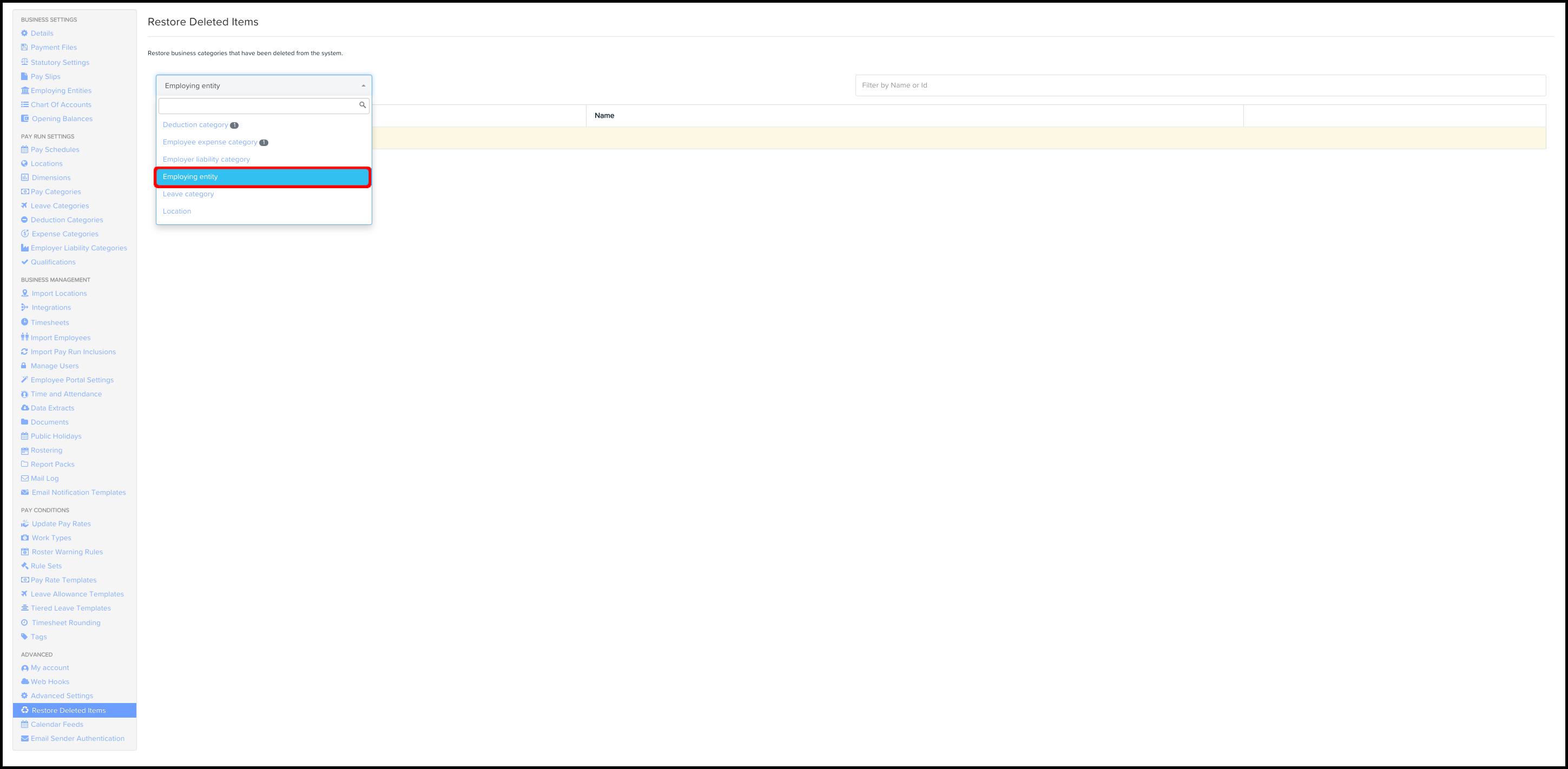 screenshot showing Restore Deleted Items button and highlighting Employing Entity button