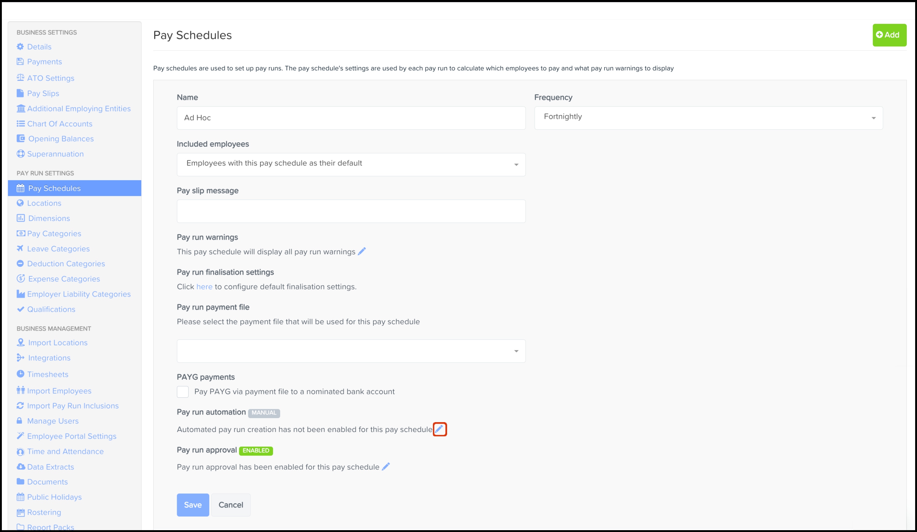 screenshot of Pay Schedules form, highlighting 'Pay run automation' section's pencil button.jpg