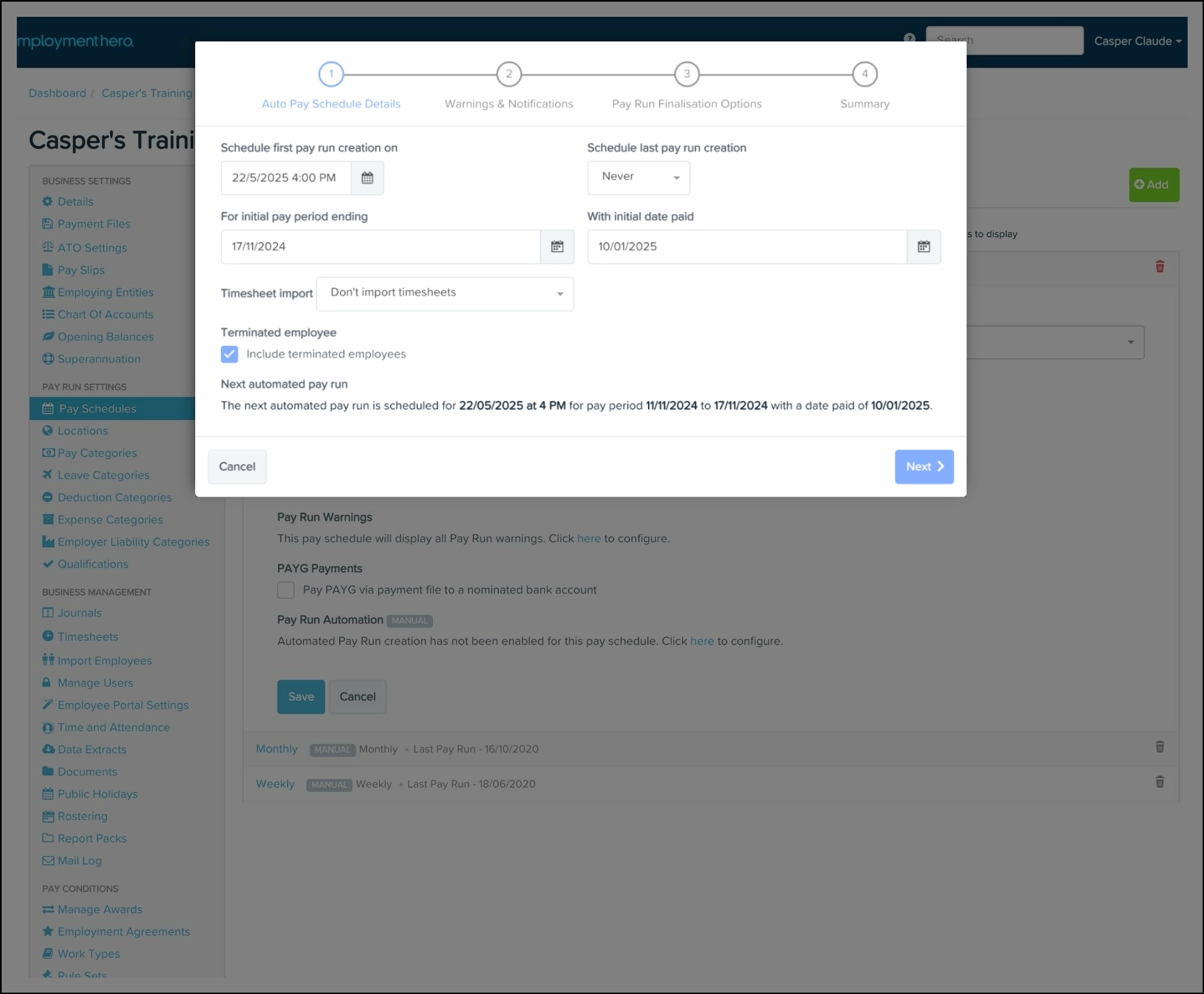 screenshot of Payment Schedules page's Automate Schedule window.jpg