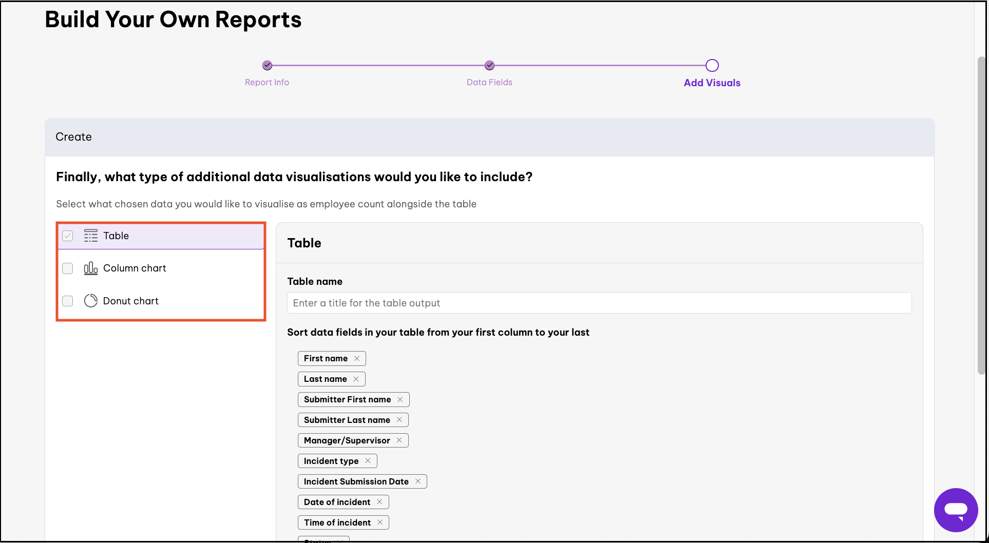 choose your data and report visualisation options
