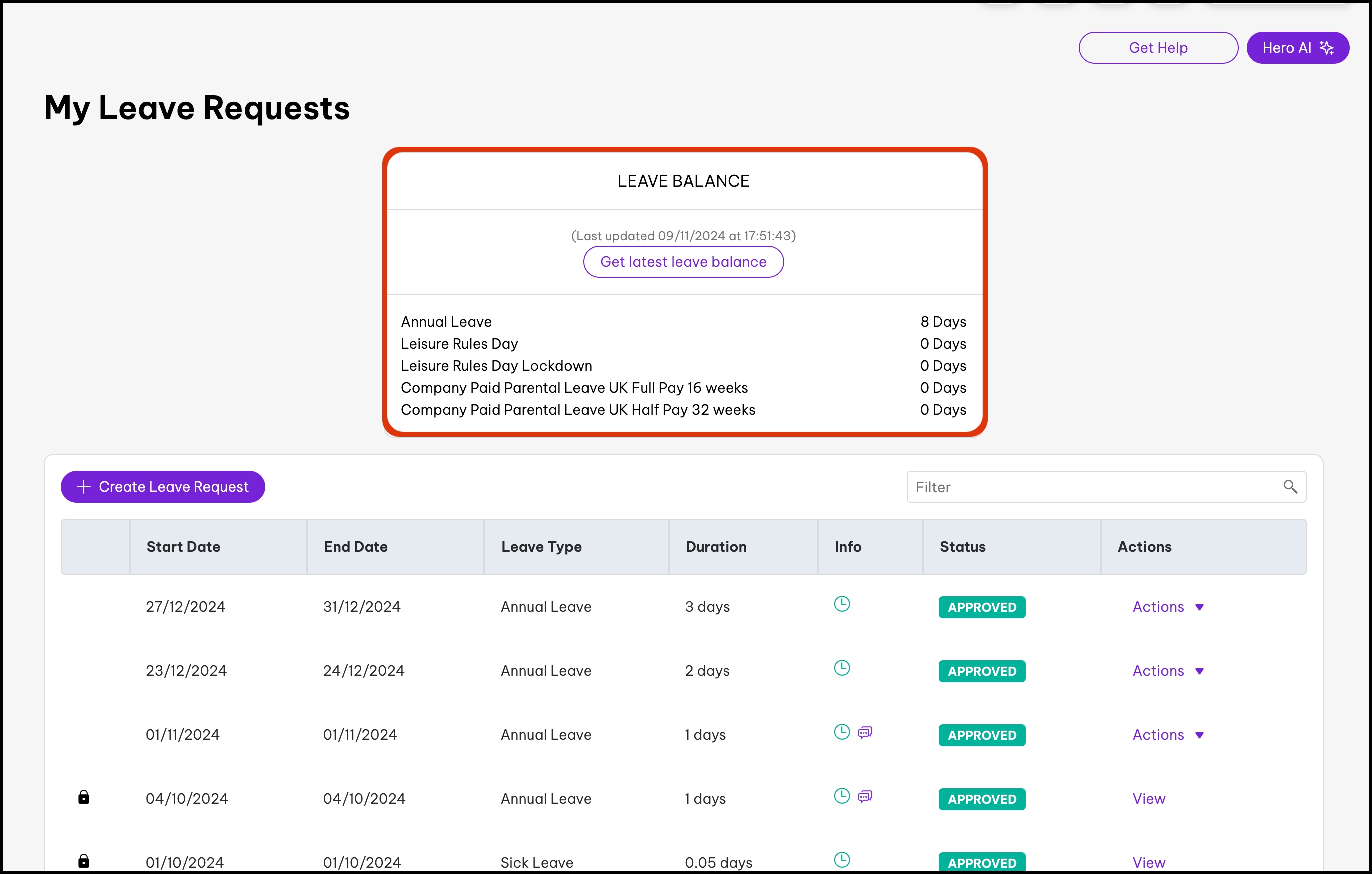 screenshot of My Leave Requests page, highlighting LEAVE BALANCE element