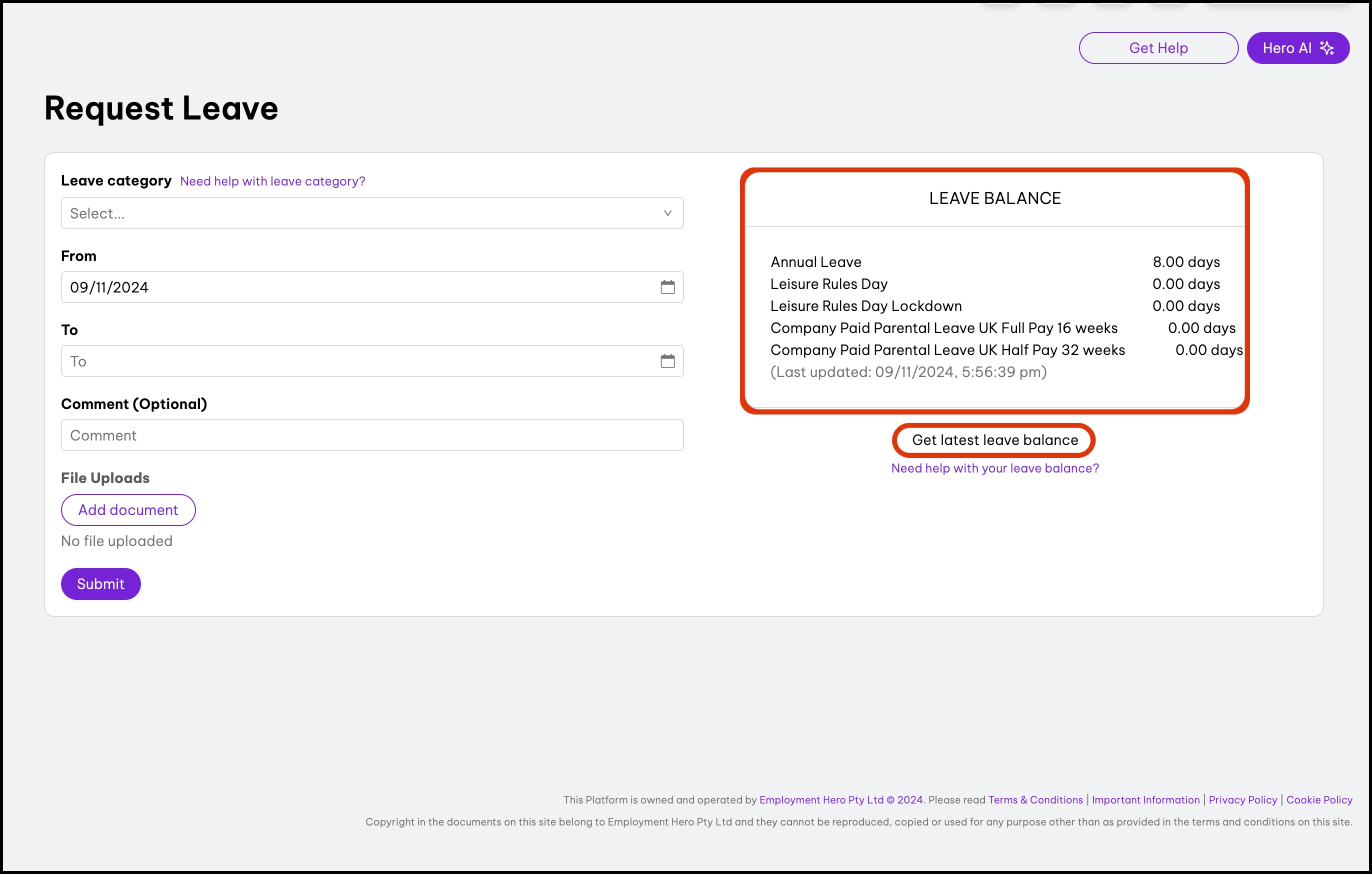 screenshot of Request Leave page, highlighting Leave Balance window and 'Get latest leave balance' button