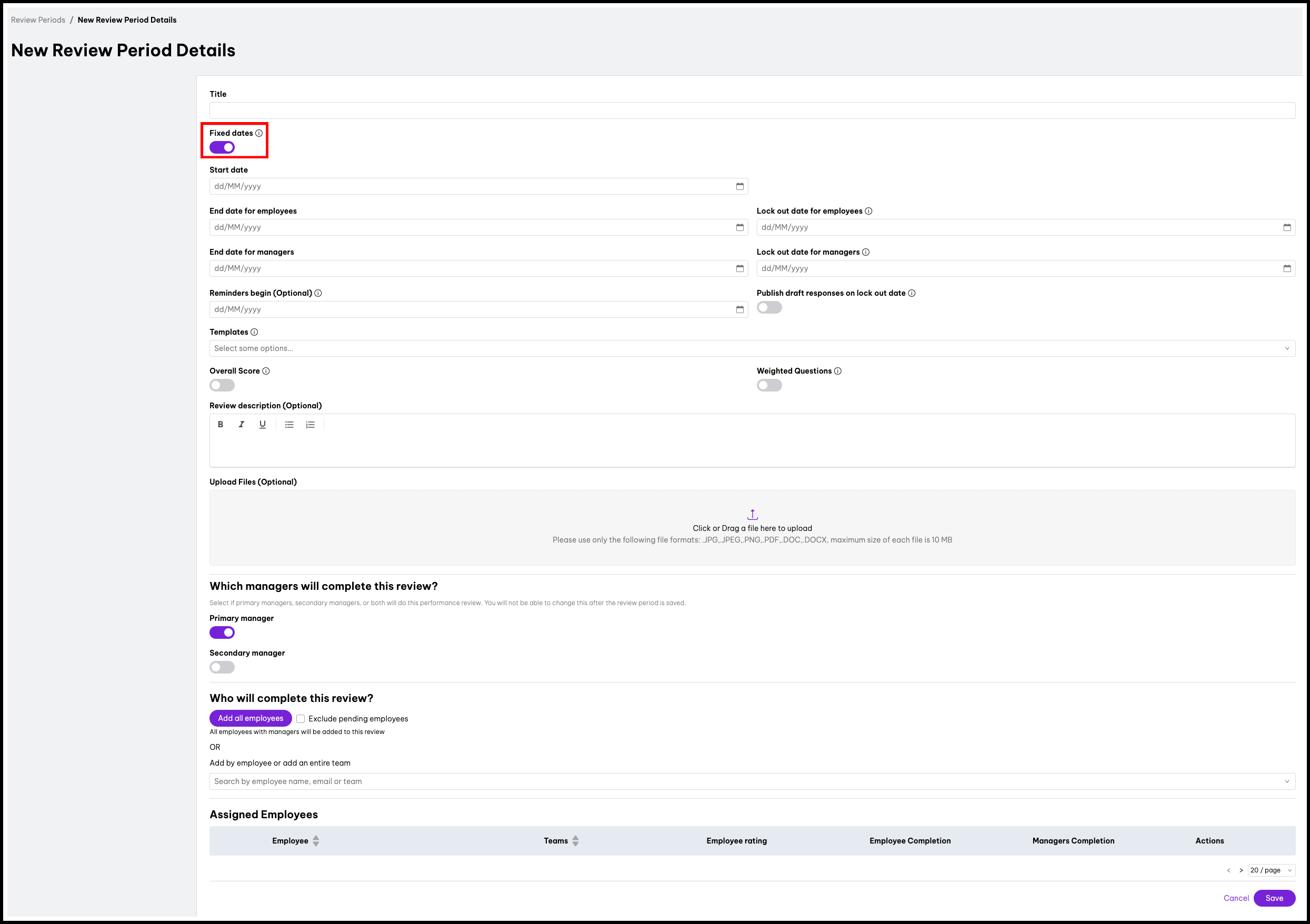 Screenshot of New Review Period Details page, highlighting toggled-on Fixed dates setting.jpg