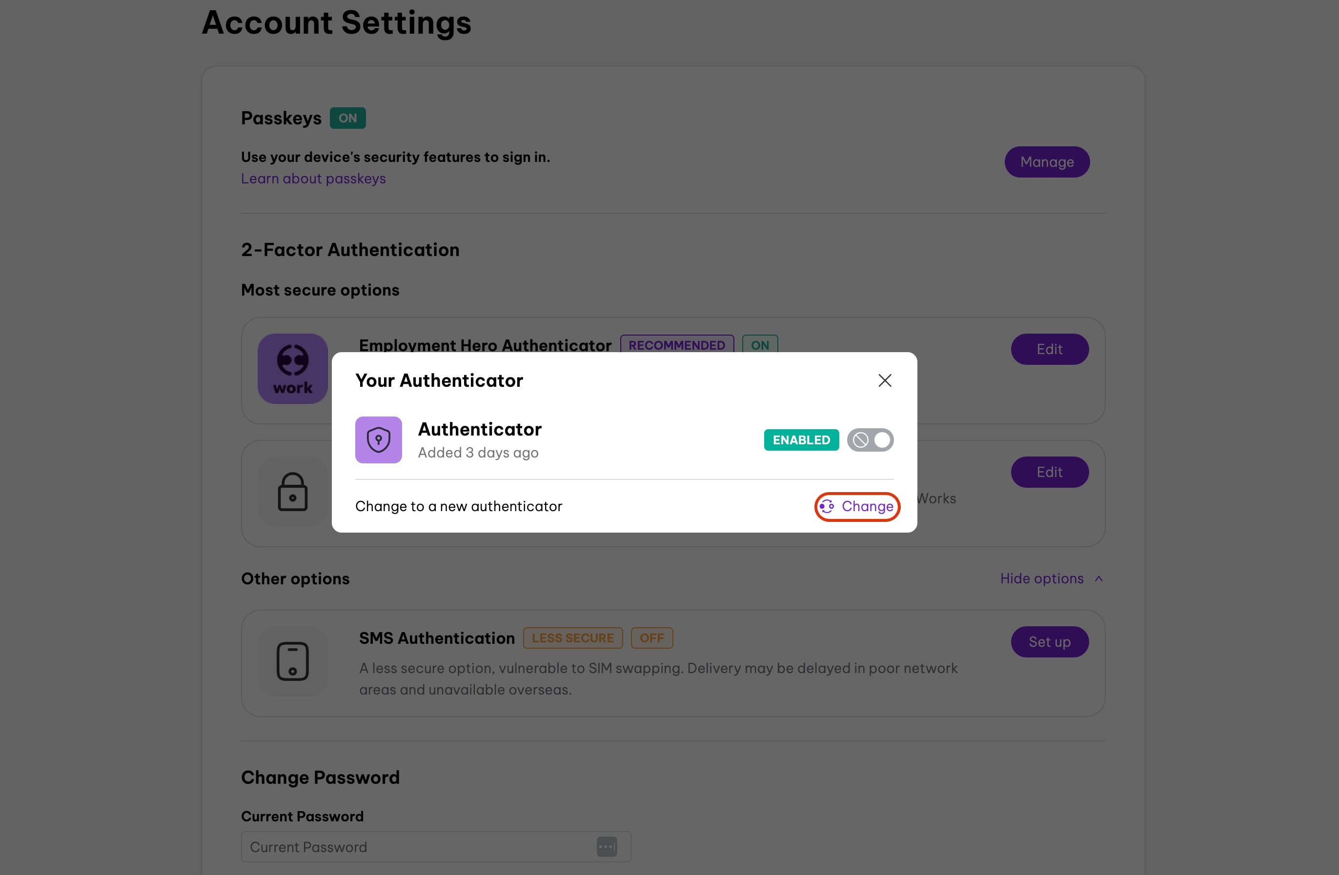screenshot of Account Setting's page's 'Your Authenticator' window, highlighting Change button.jpg
