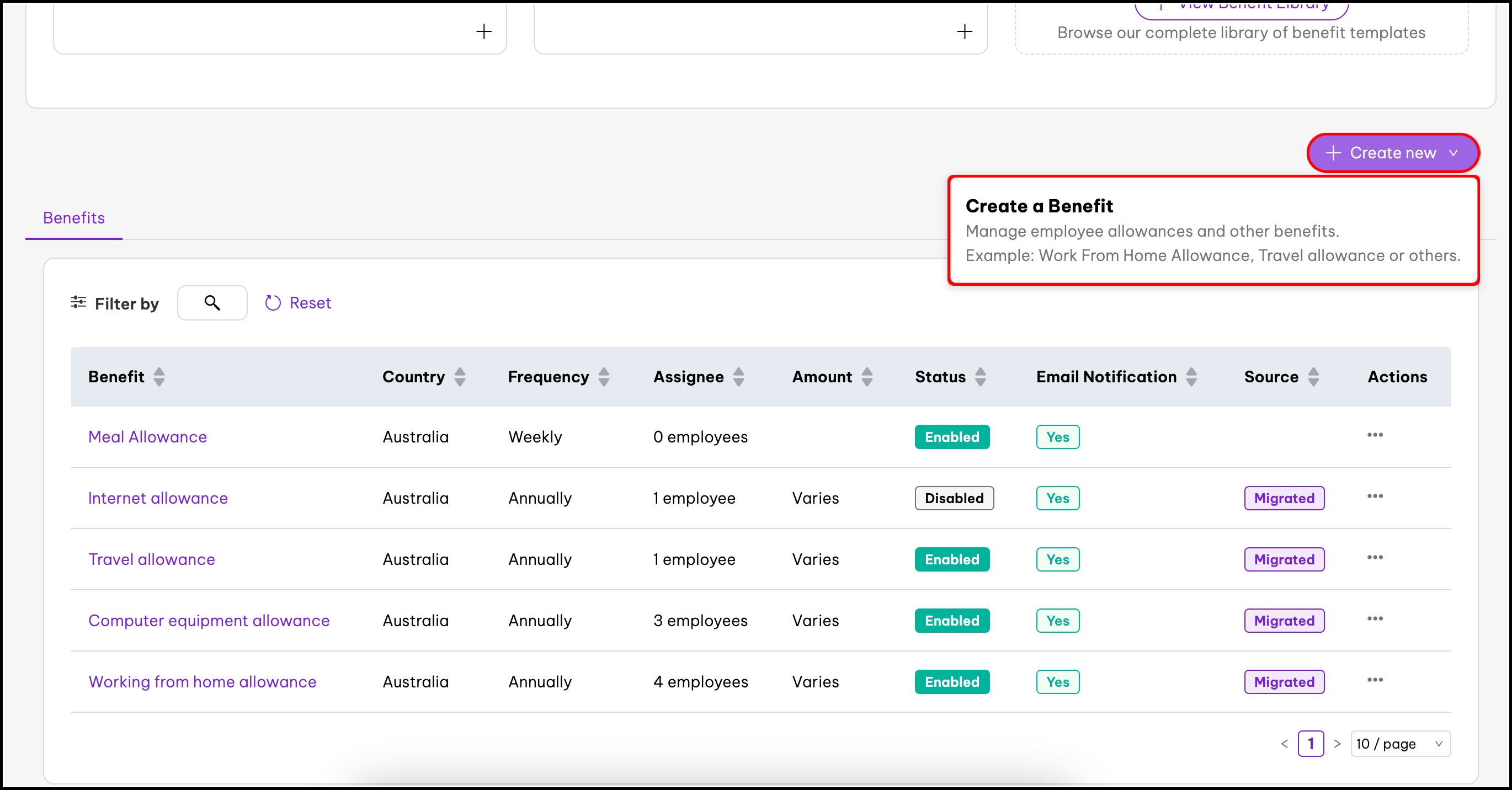 screenshot of the benefits management page, highlighting the create buttons