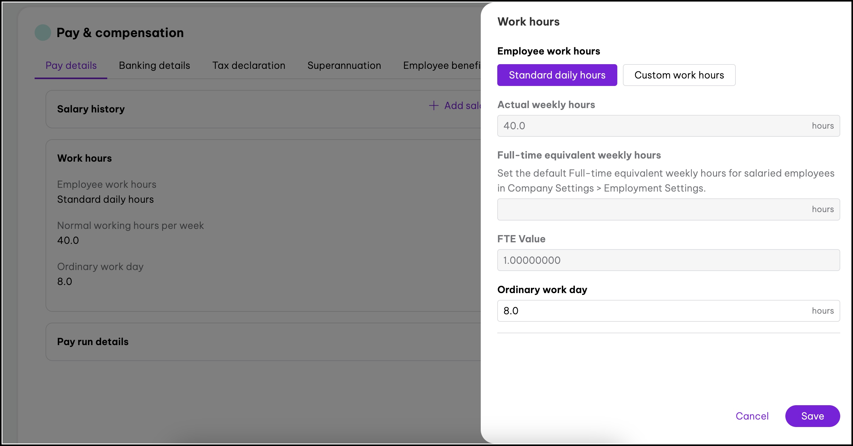 screenshot showing the work hours side panel