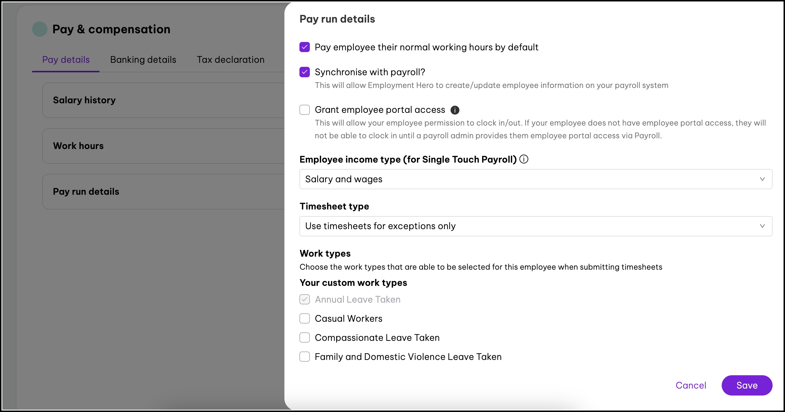 screenshot showing the pay run details side panel