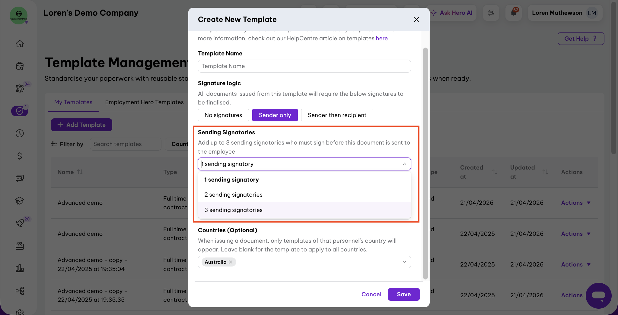 red highlighted section in the create new template modal displaying where to add multiple signatories