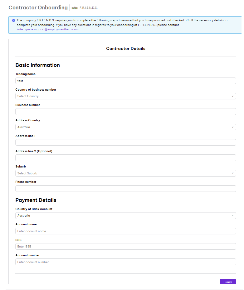 Contractor Details registration layout showcasing mandatory fields for basic information and corporate payment details