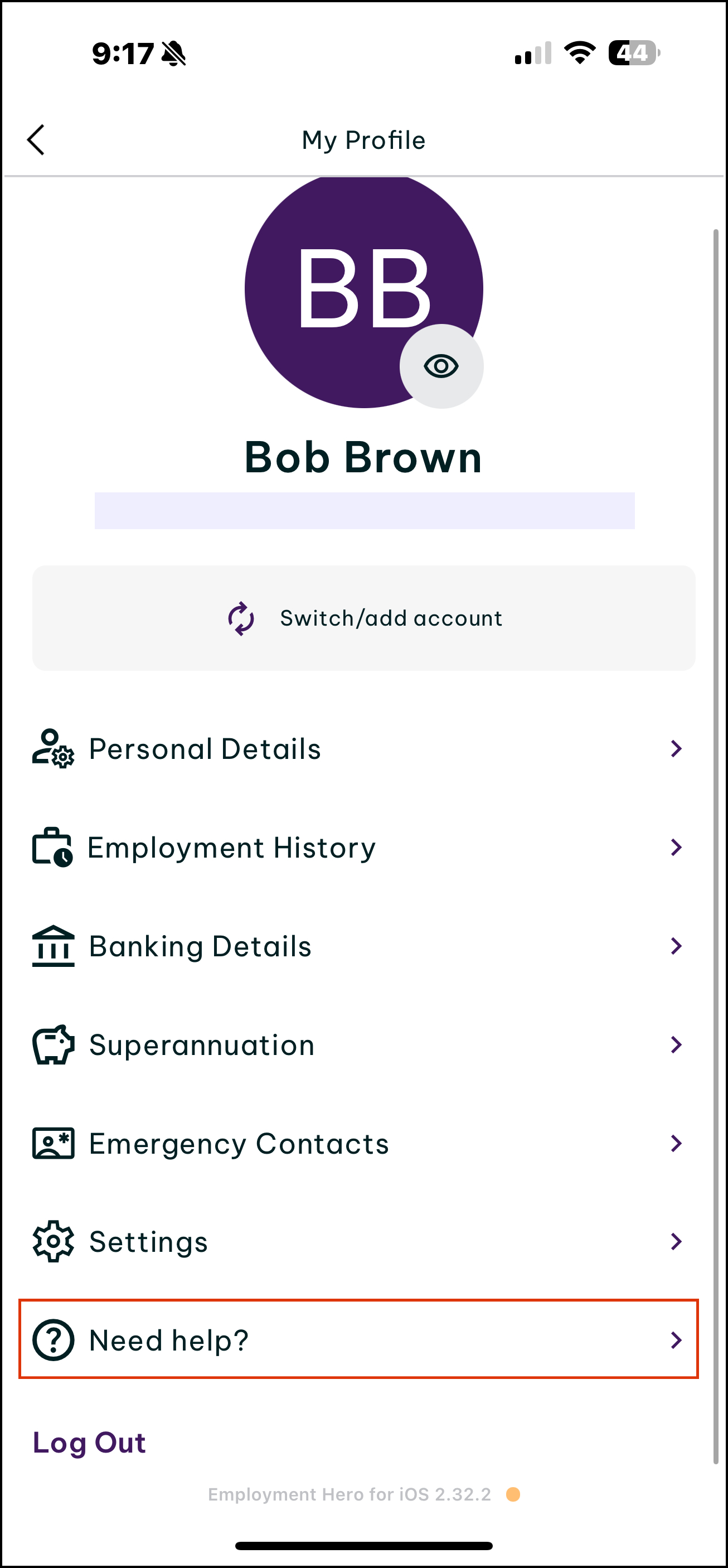 My profile page with Need Help highlighted