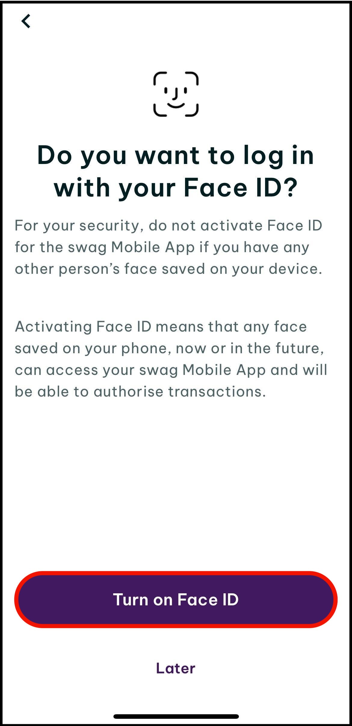turn on face id or tap on no thanks