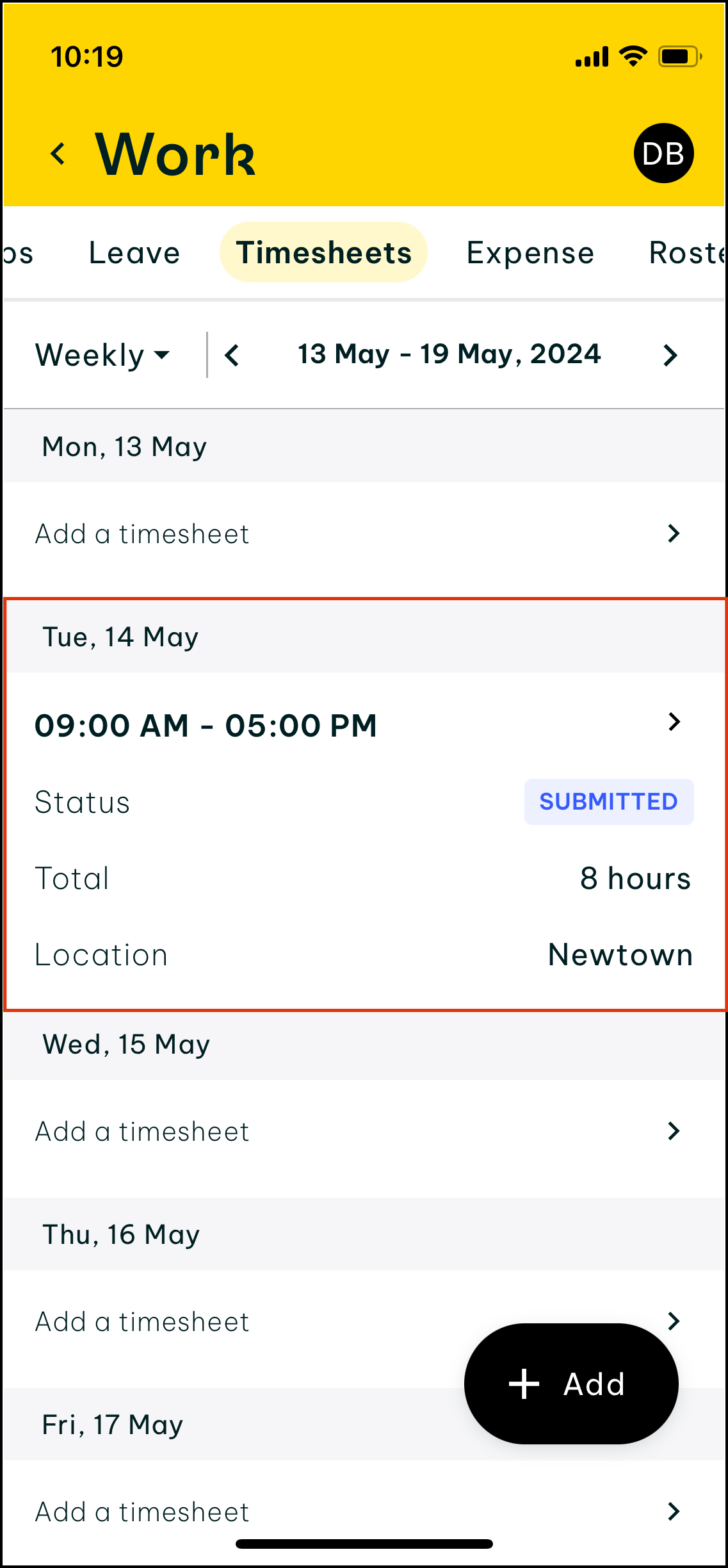 Timesheets with a submitted timesheet highlighted