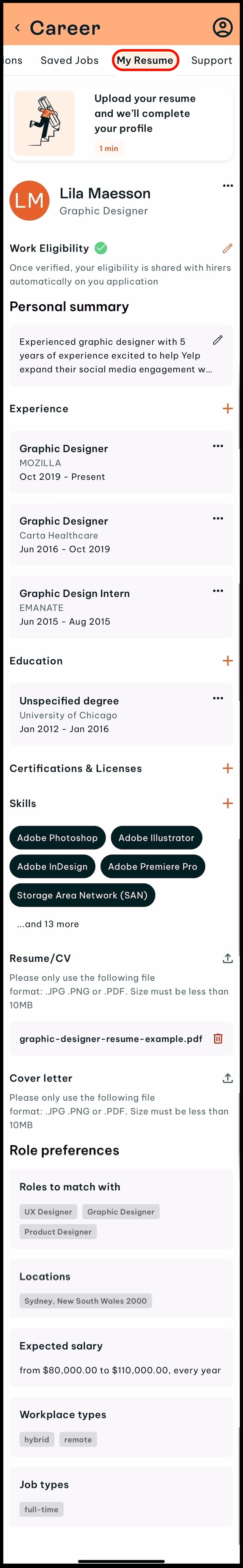 full screen screenshot of my resume, displaying all fileds to enter your information