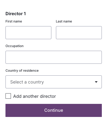 Screenshot of KYB verification Director 1 form showing First name, Last name, Occupation, Country of residence fields and Add another director checkbox with Continue button